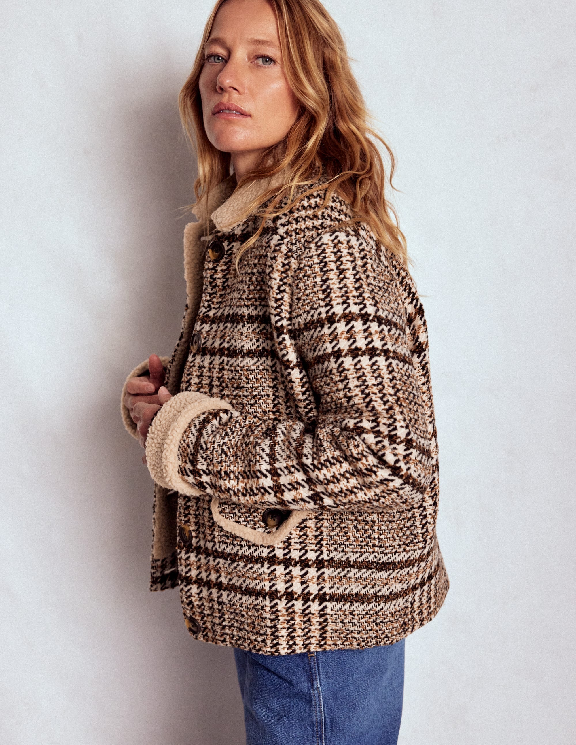 Stirling Check Coat-Ivory, Brown & Black Check | Boden UK