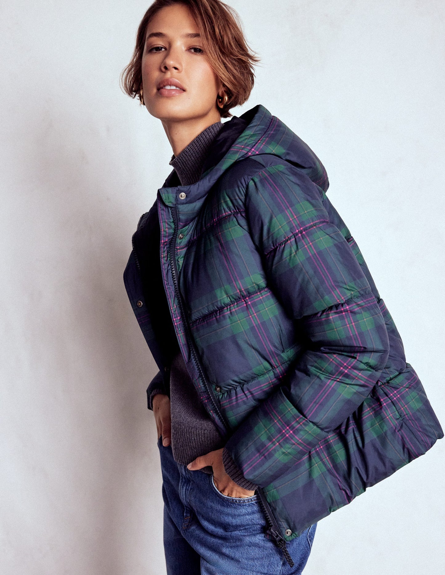 Padded Puffer Coat-Navy & Green Tonal Check