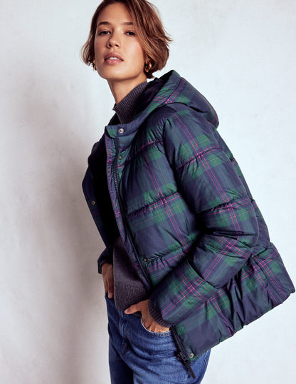Padded Puffer Coat-Navy & Green Tonal Check-1