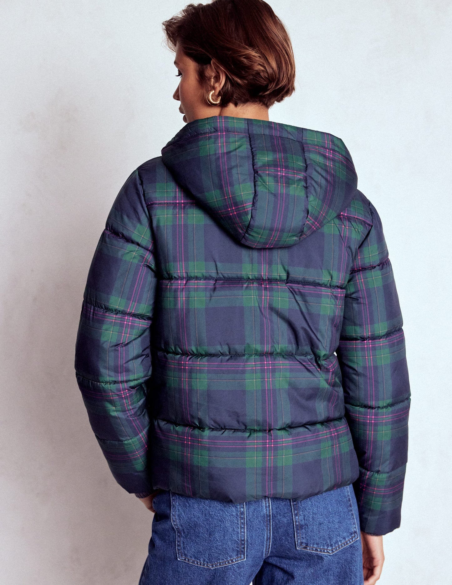 Padded Puffer Coat-Navy & Green Tonal Check
