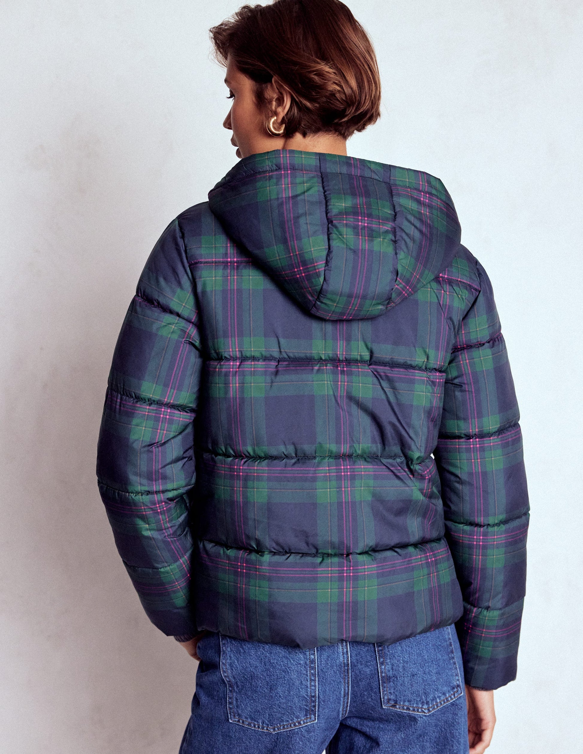 Padded Puffer Coat-Navy & Green Tonal Check-4