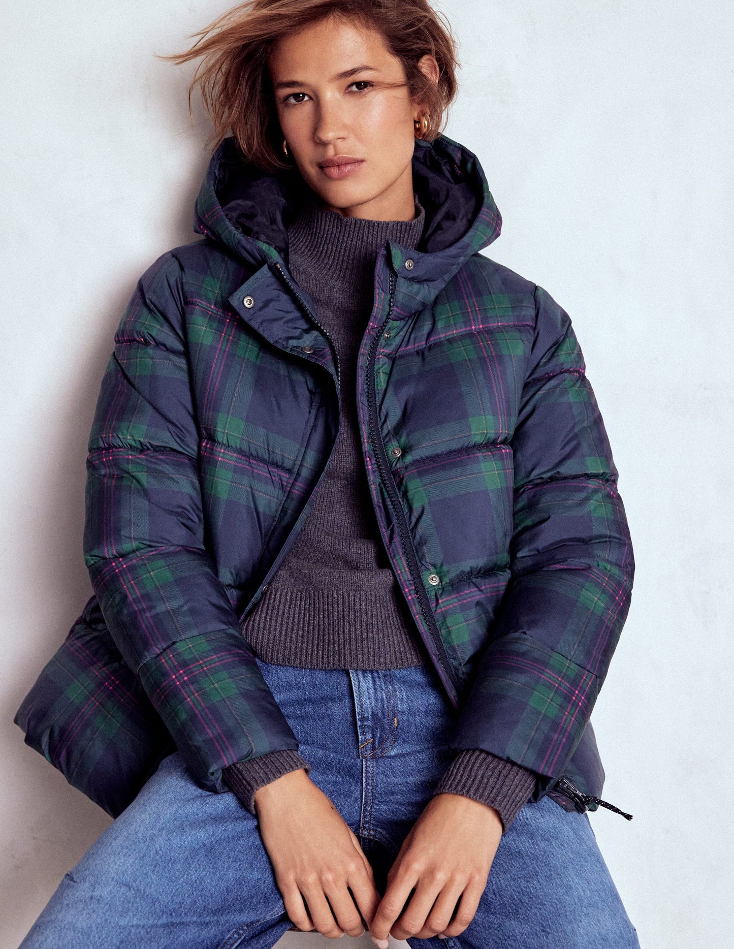 Padded Puffer Coat-Navy & Green Tonal Check
