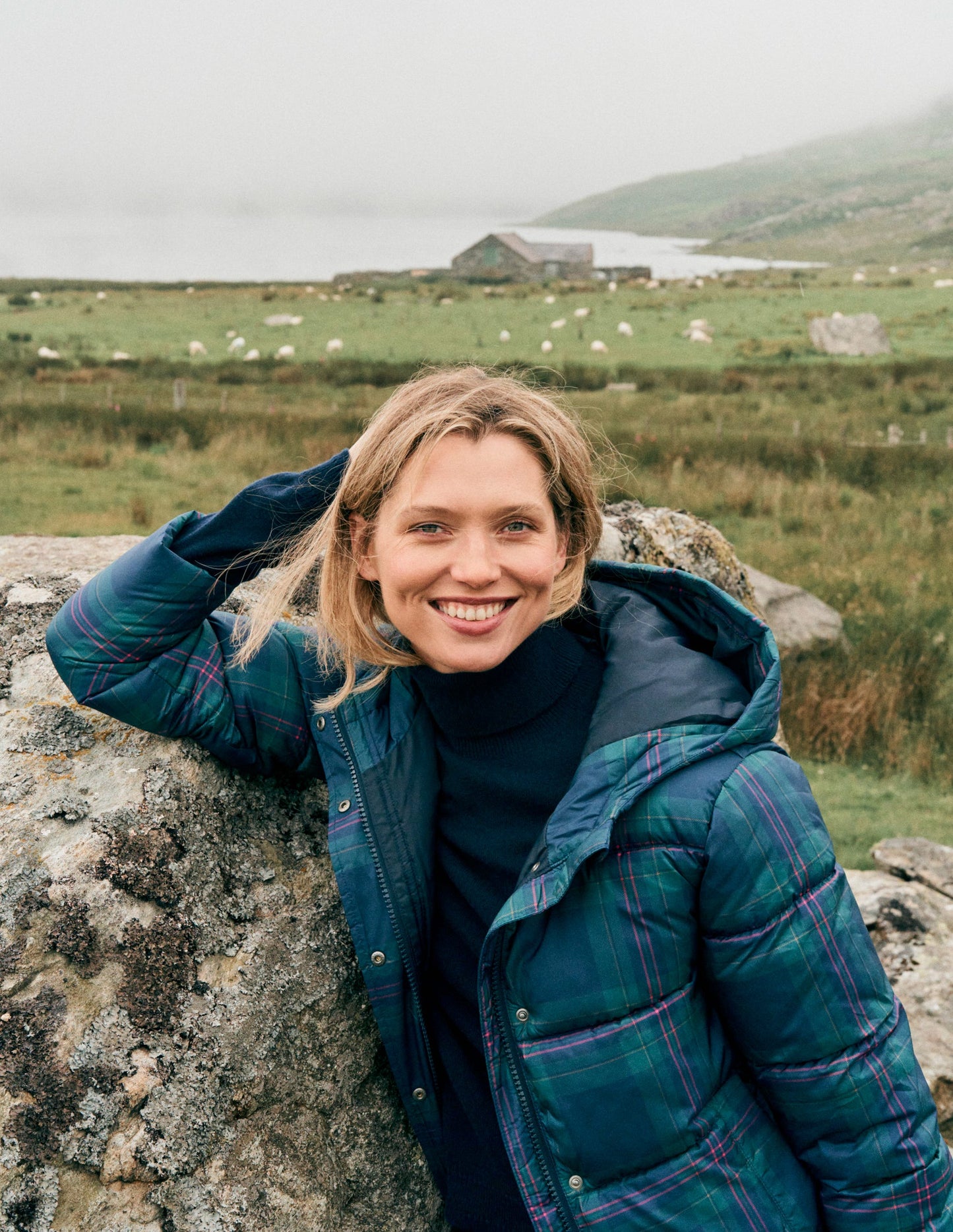 Padded Puffer Coat-Navy Green Tonal Check Boden UK - Main Image