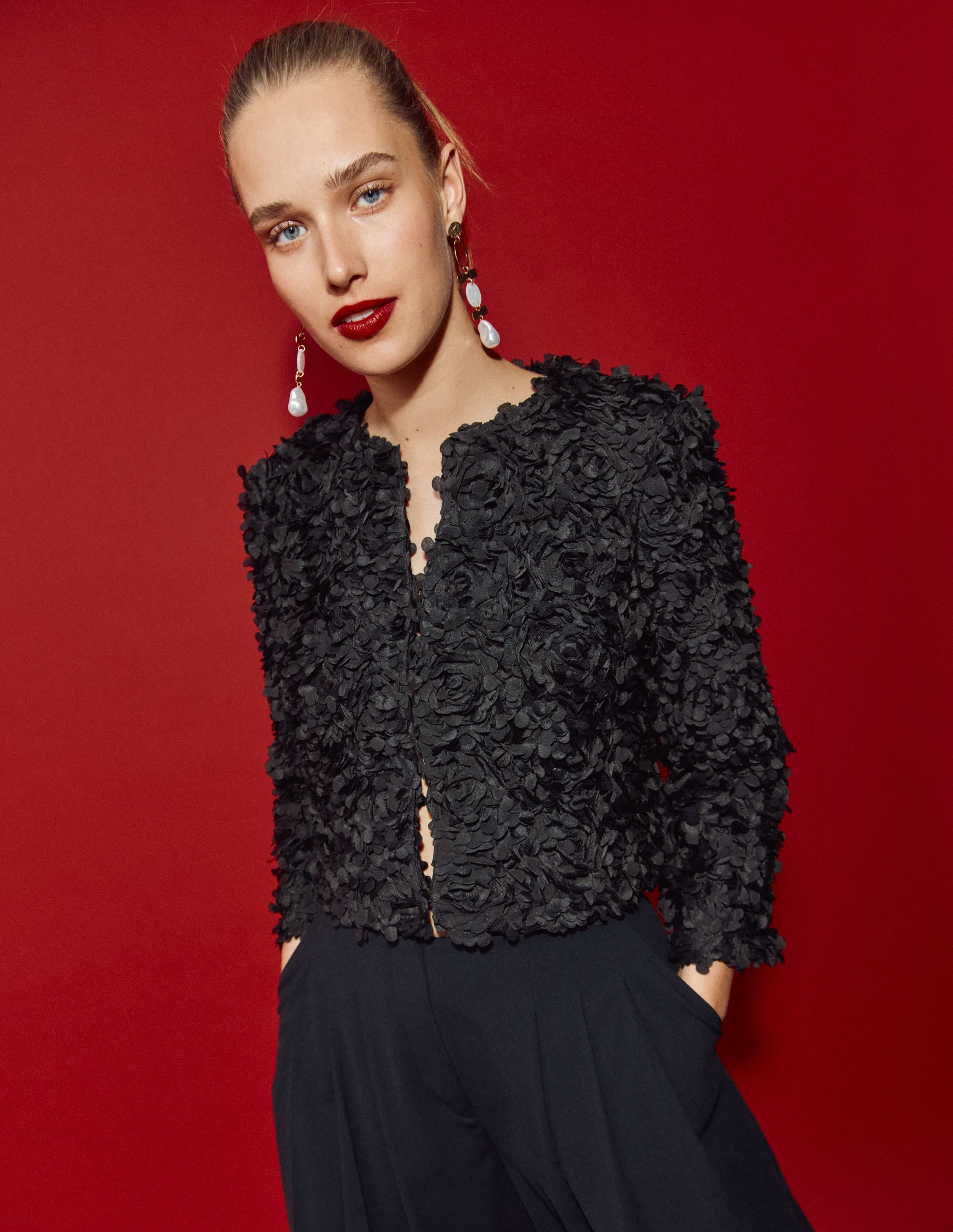Petal Textured Cropped Jacket-Black, Petal Tulle - Image 1