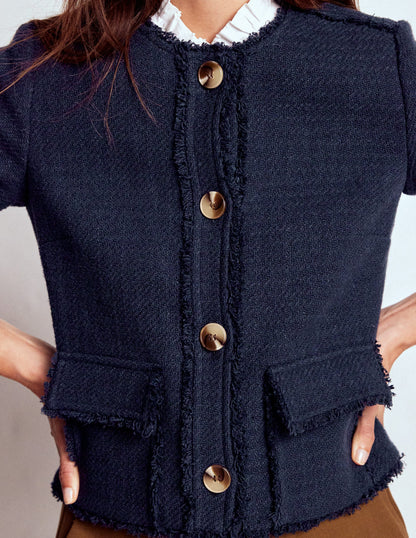 Collarless Textured Jacket-Navy-4