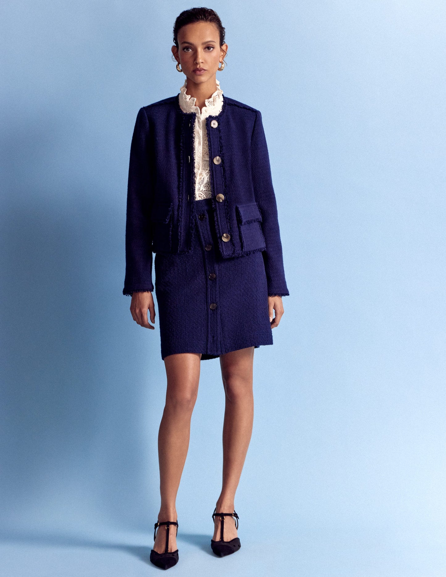 Collarless Textured Jacket-Navy