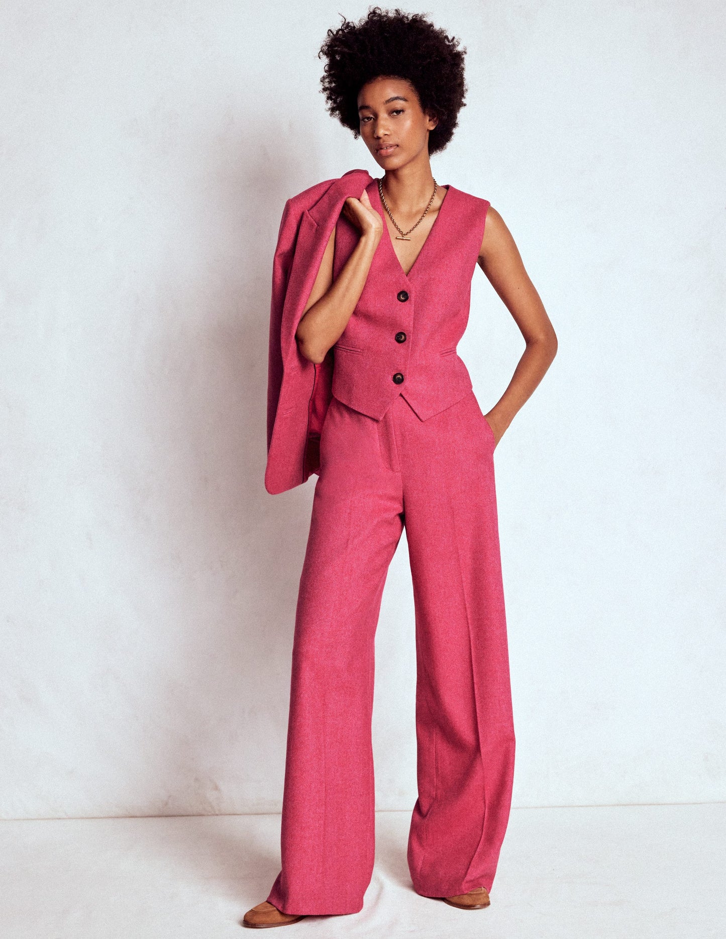 Pink Wool Waistcoat-Red and Pink Wide Herringbone