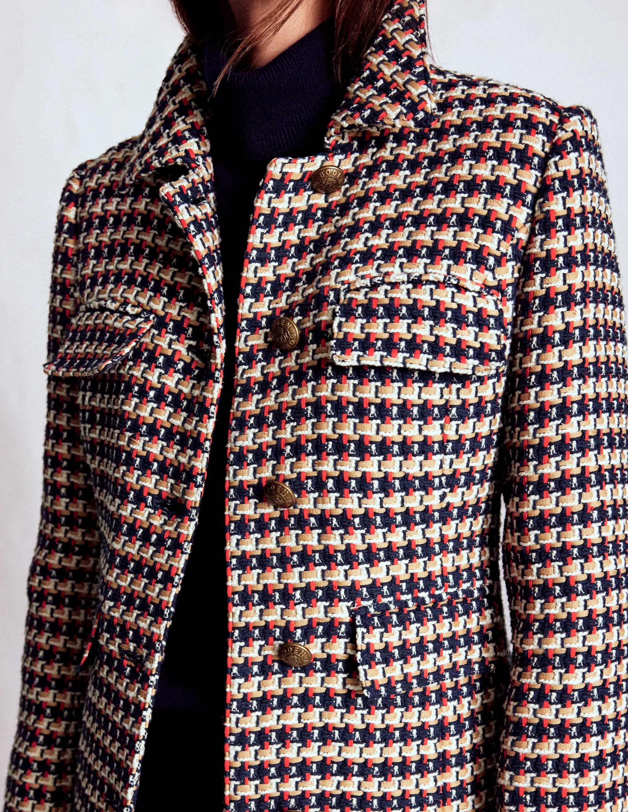 Pocket Detail Coat-Camel, Navy Red - Image 2