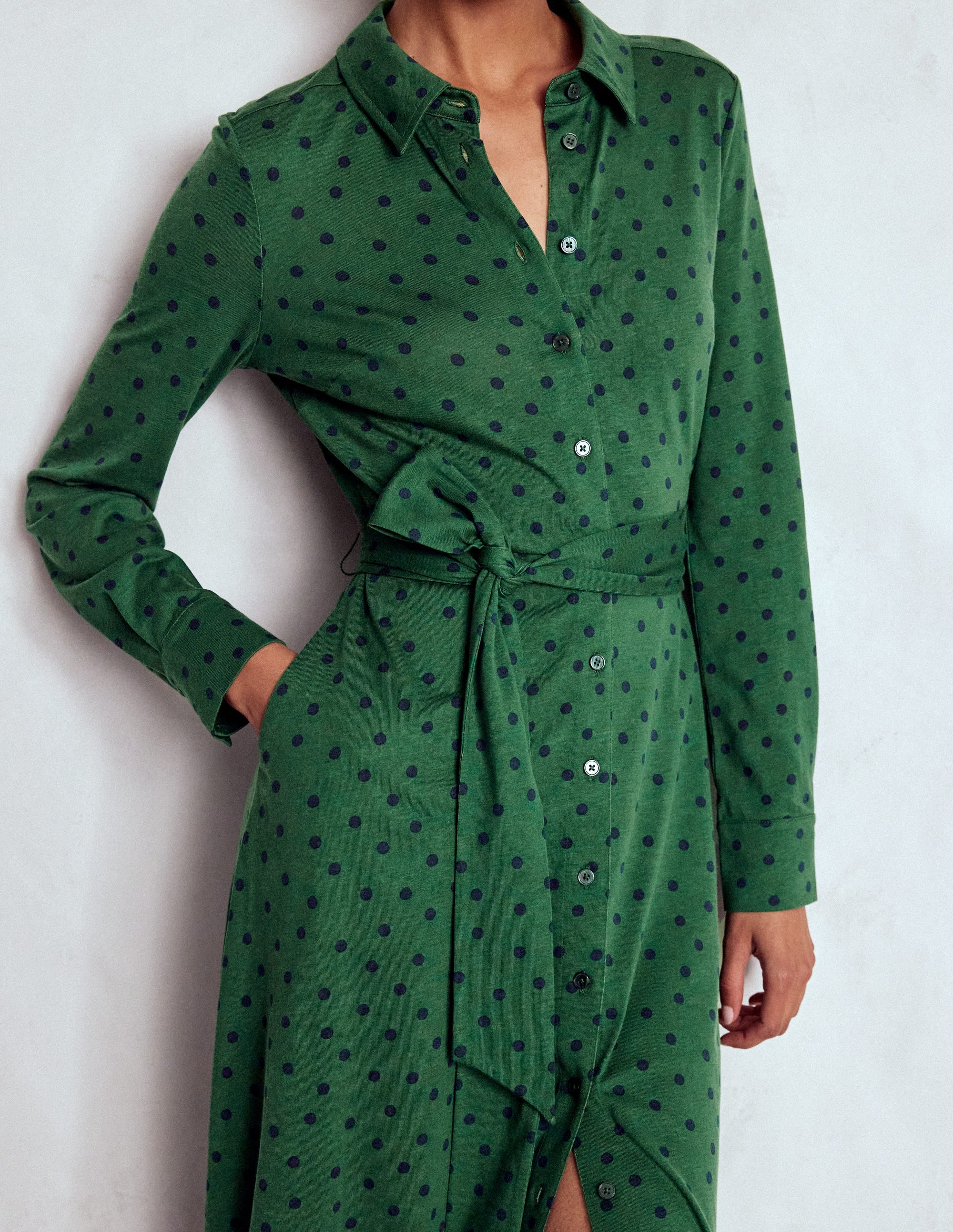 Marcia Jersey Shirt Dress-Hunter Green, Painted Dot - Image 3