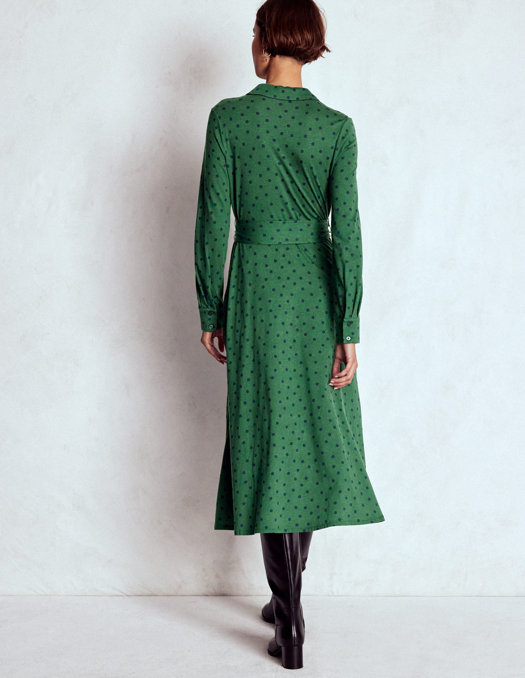 Marcia Jersey Shirt Dress-Hunter Green, Painted Dot - Image 4