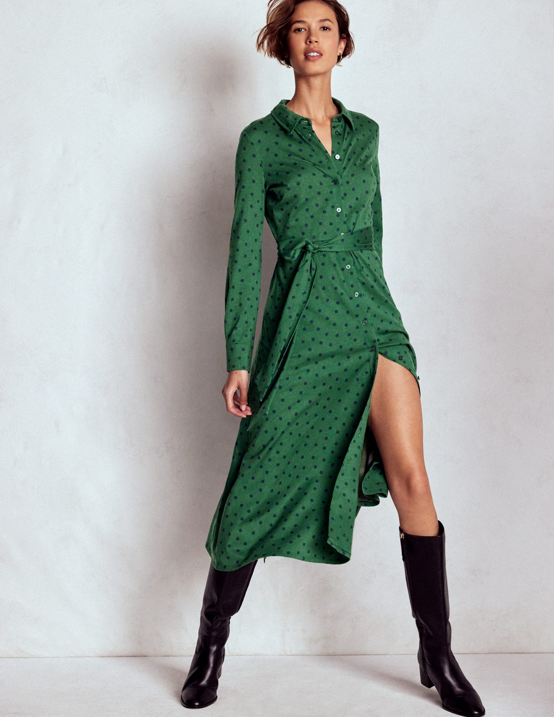 Marcia Jersey Shirt Dress-Hunter Green, Painted Dot | Boden UK Marcia Jersey Shirt Dress-Hunter Green, Painted Dot | Boden UK