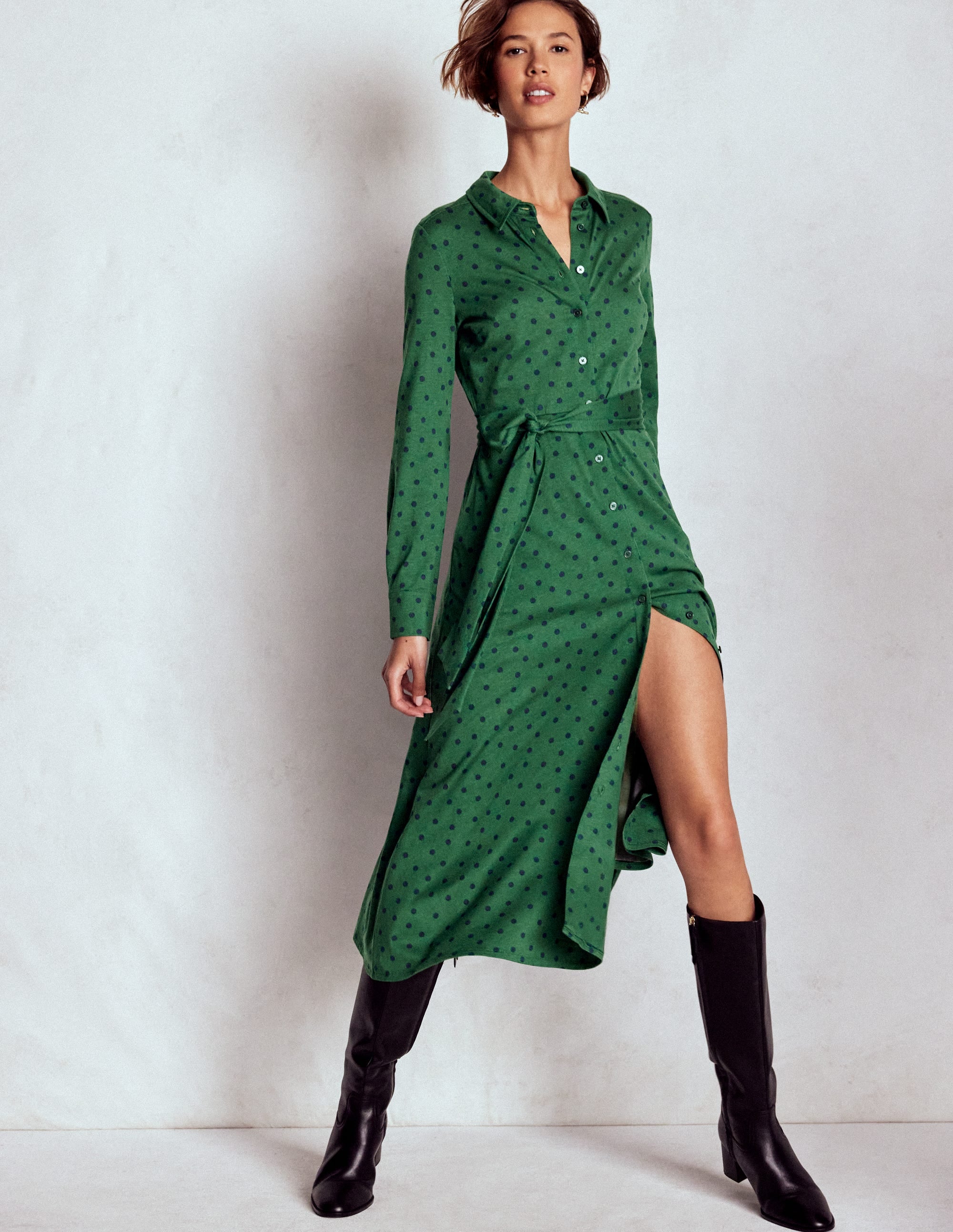 Marcia Jersey Shirt Dress-Hunter Green, Painted Dot - Image 1
