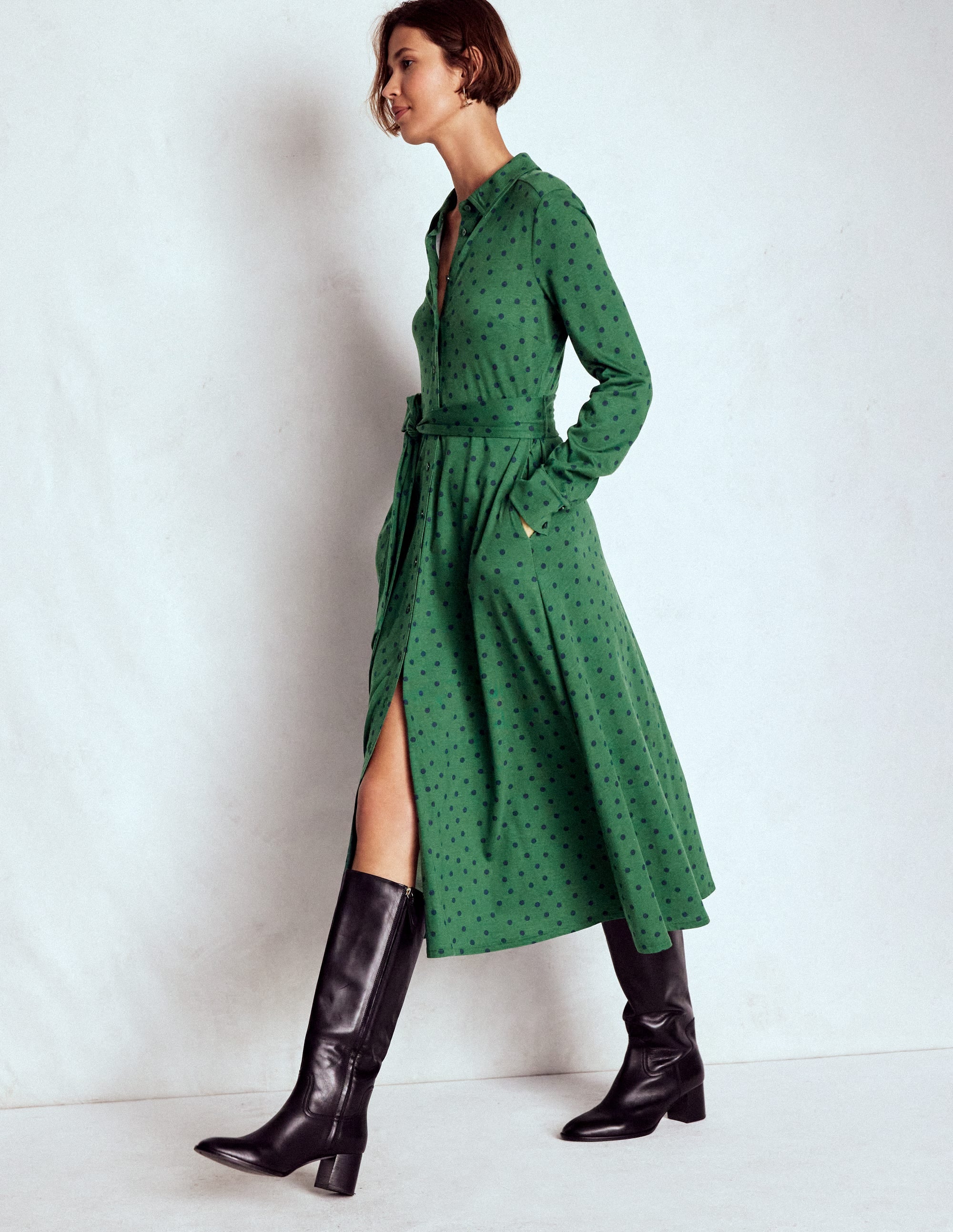 Marcia Jersey Shirt Dress-Hunter Green, Painted Dot - Image 5