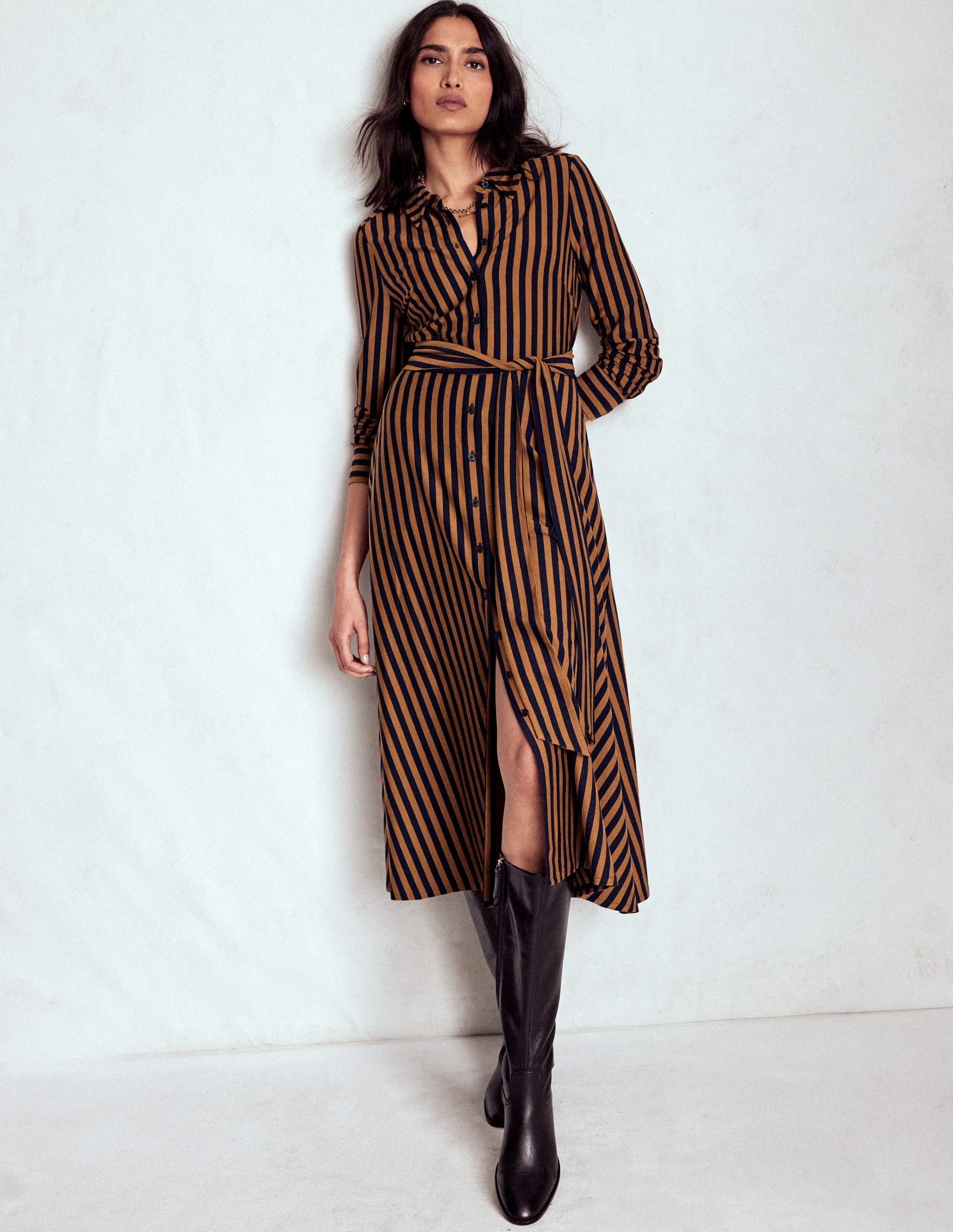 Marcia Jersey Shirt Dress-Gingerbread and Navy Stripe - Image 1