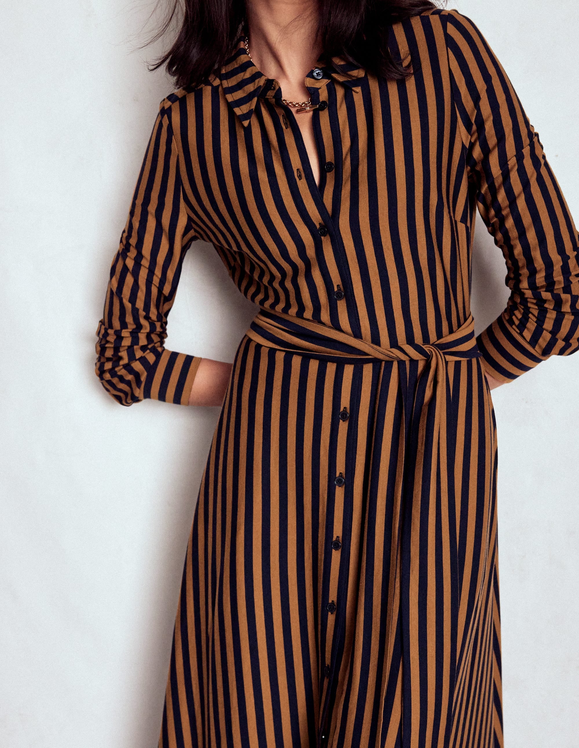 Marcia Jersey Shirt Dress-Gingerbread and Navy Stripe - Image 2