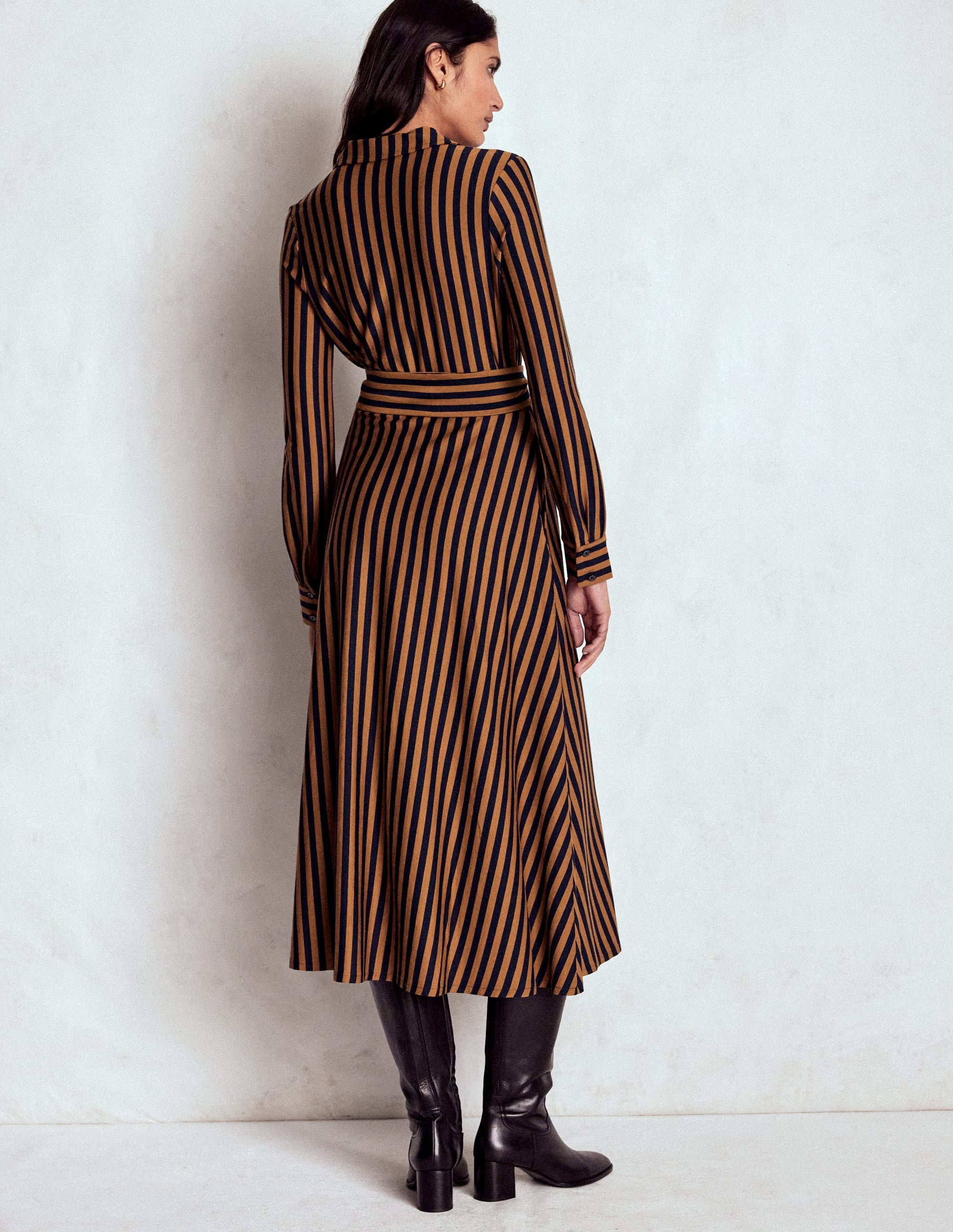 Marcia Jersey Shirt Dress-Gingerbread and Navy Stripe - Image 3
