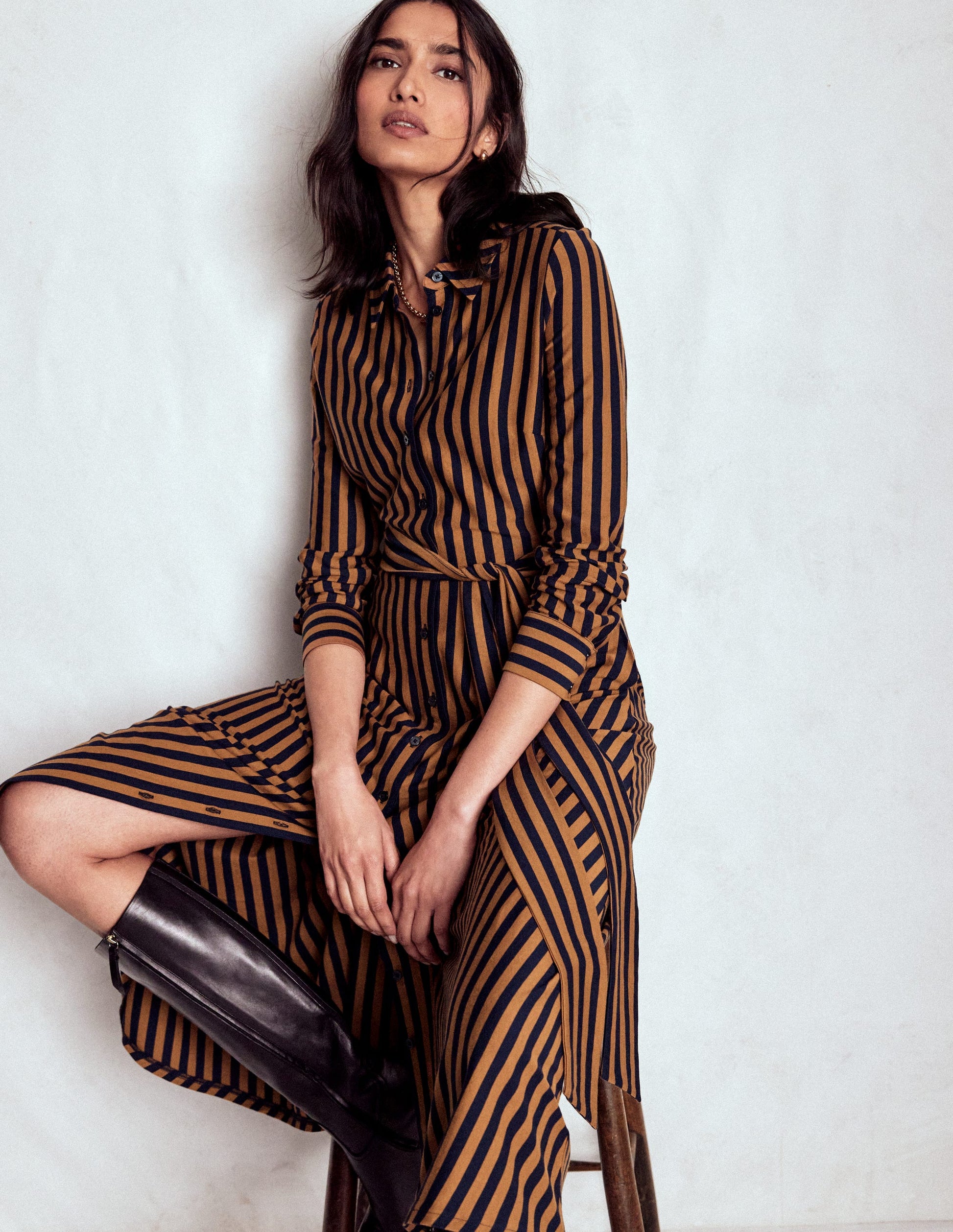 Marcia Jersey Shirt Dress-Gingerbread, Navy Stripe-4