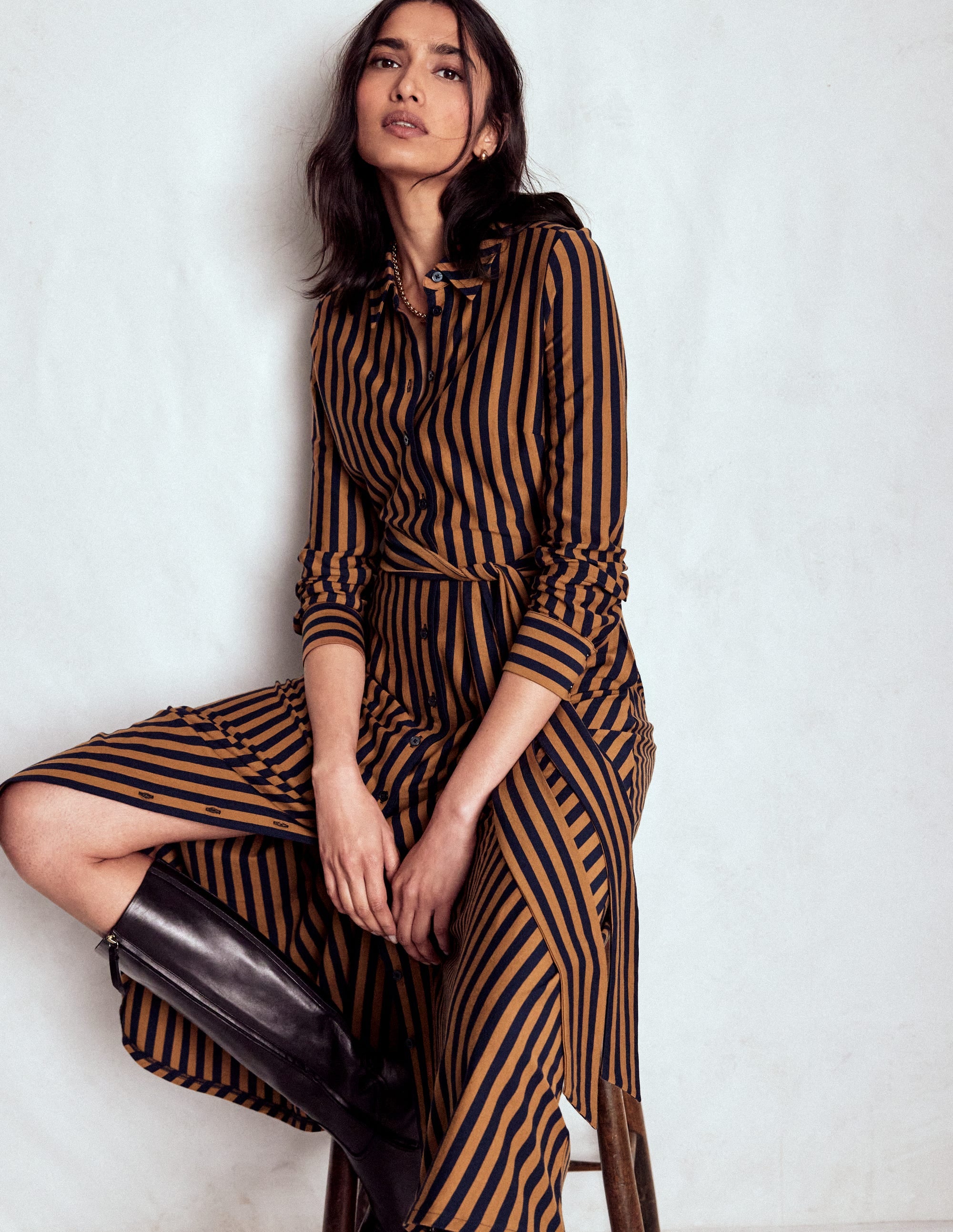 Marcia Jersey Shirt Dress-Gingerbread and Navy Stripe - Image 4