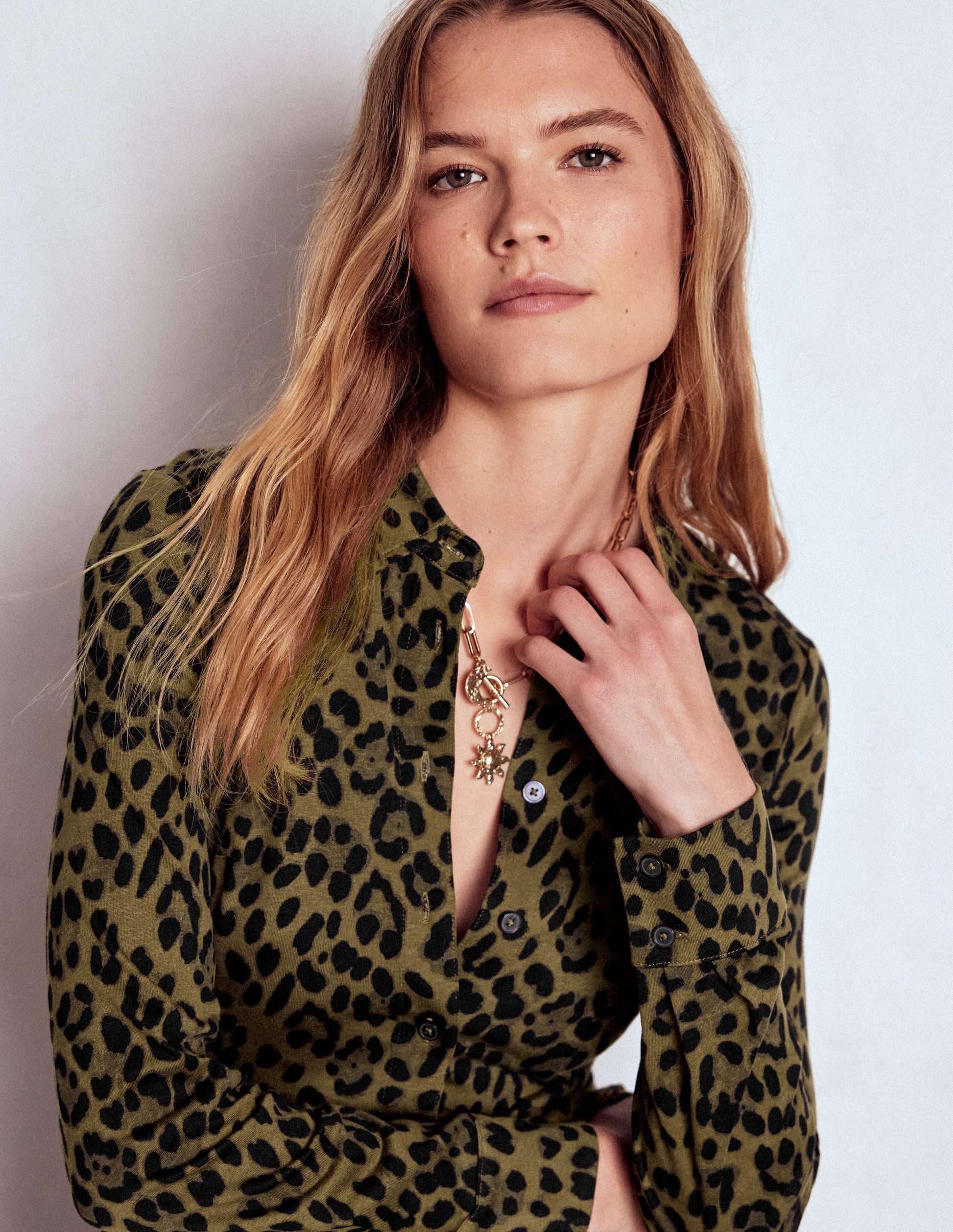 Marcia Jersey Shirt Dress-Military Olive, Brushed Animal-7