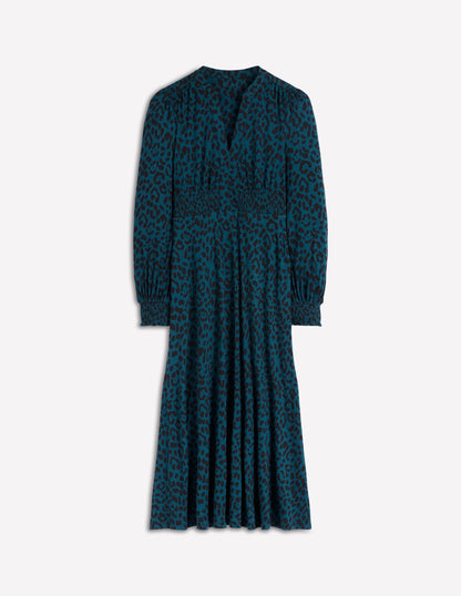 Ivy Smocked Midi Dress-Midnight Ocean, Brushed Animal-6