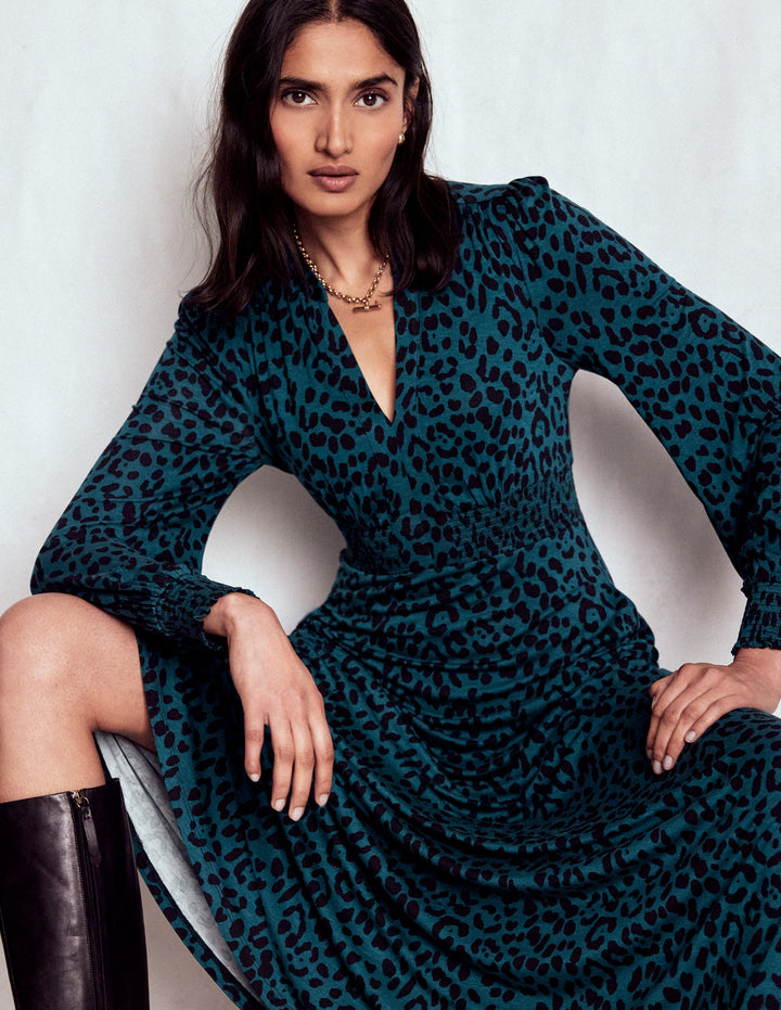 Ivy Smocked Midi Dress-Midnight Ocean, Brushed Animal