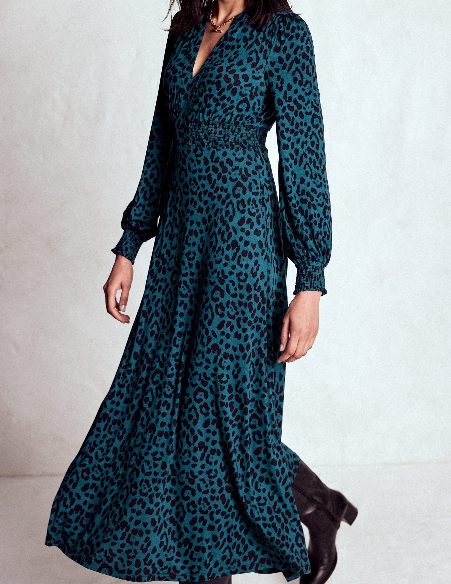 Ivy Smocked Midi Dress-Midnight Ocean, Brushed Animal