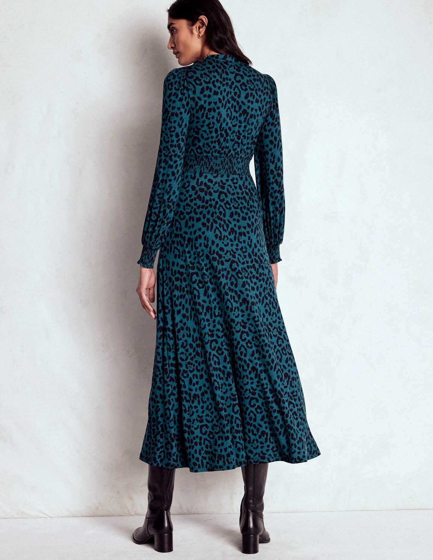 Ivy Smocked Midi Dress-Midnight Ocean, Brushed Animal