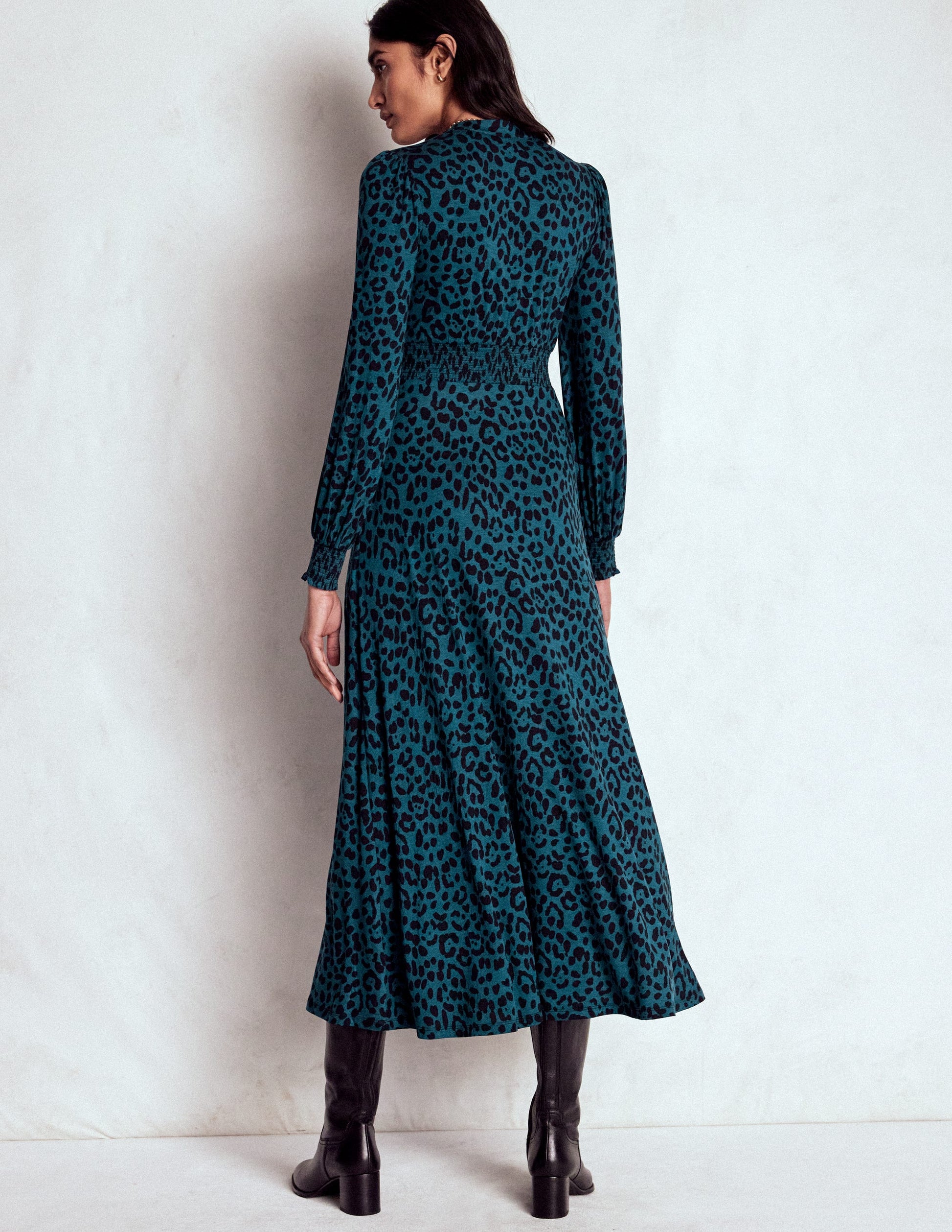 Ivy Smocked Midi Dress-Midnight Ocean, Brushed Animal-3