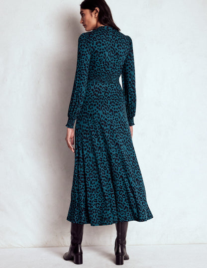 Ivy Smocked Midi Dress-Midnight Ocean, Brushed Animal-3