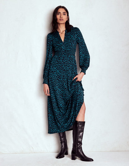 Ivy Smocked Midi Dress-Midnight Ocean, Brushed Animal-4