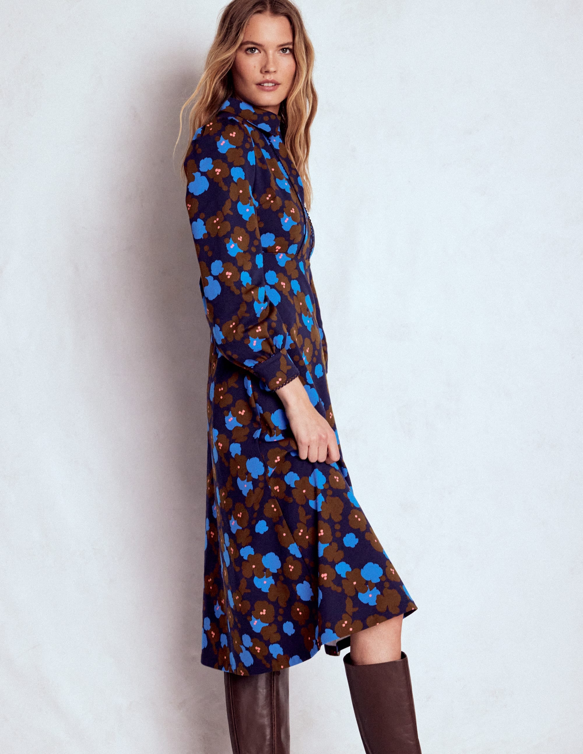 Pip Zip-Up Ponte Midi Dress-French Navy, Garden Blossom - Image 2