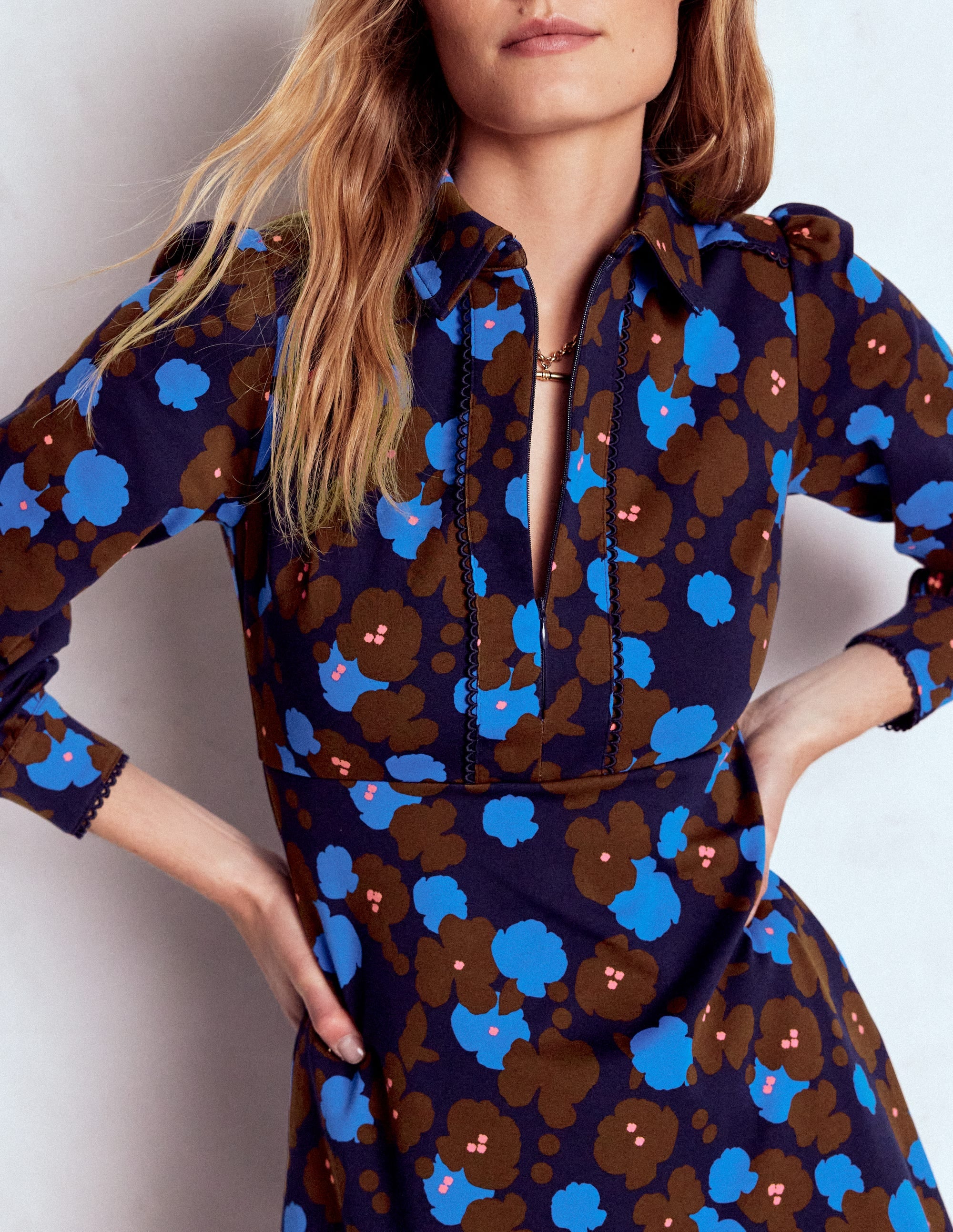 Pip Zip-Up Ponte Midi Dress-French Navy, Garden Blossom - Image 3