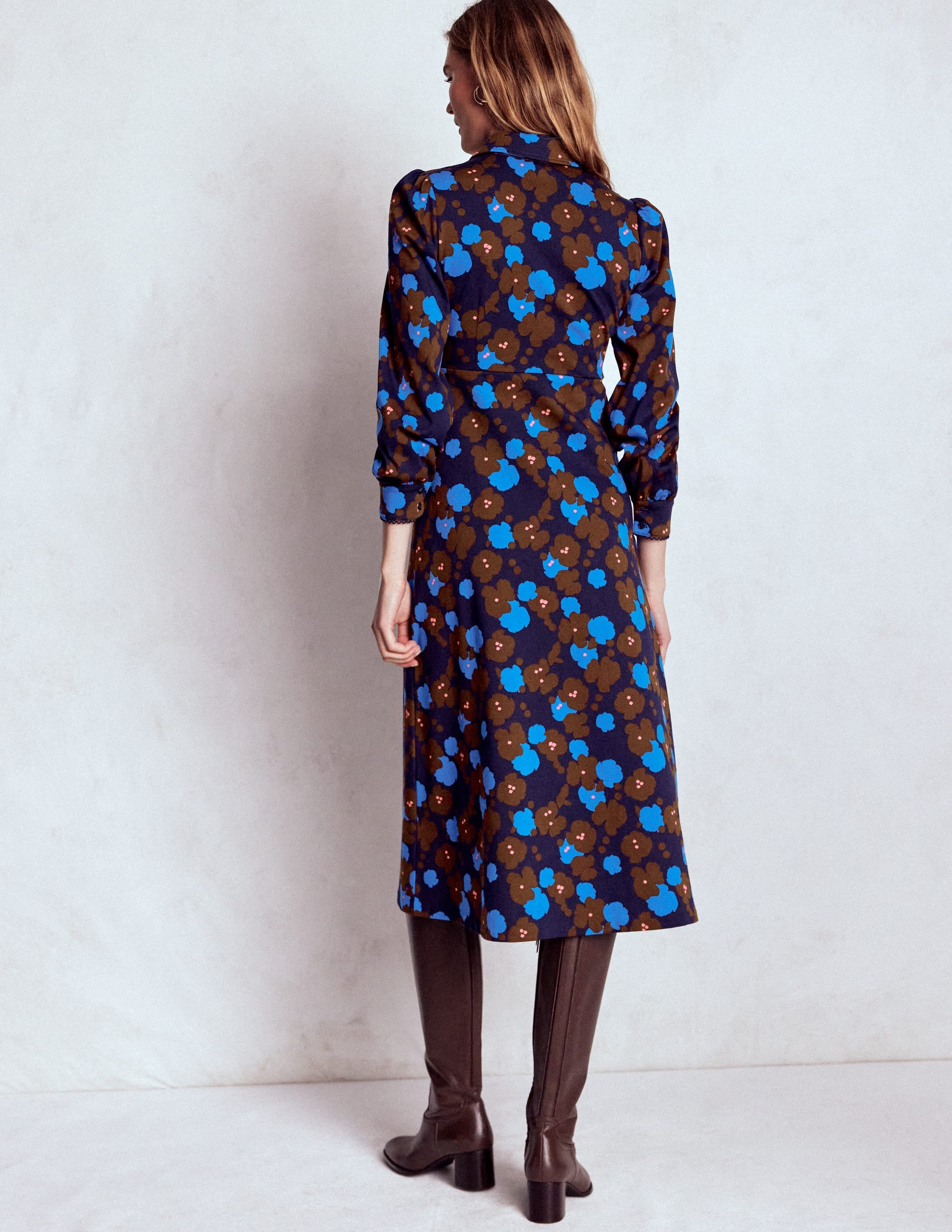Pip Zip-Up Ponte Midi Dress-French Navy, Garden Blossom - Image 4
