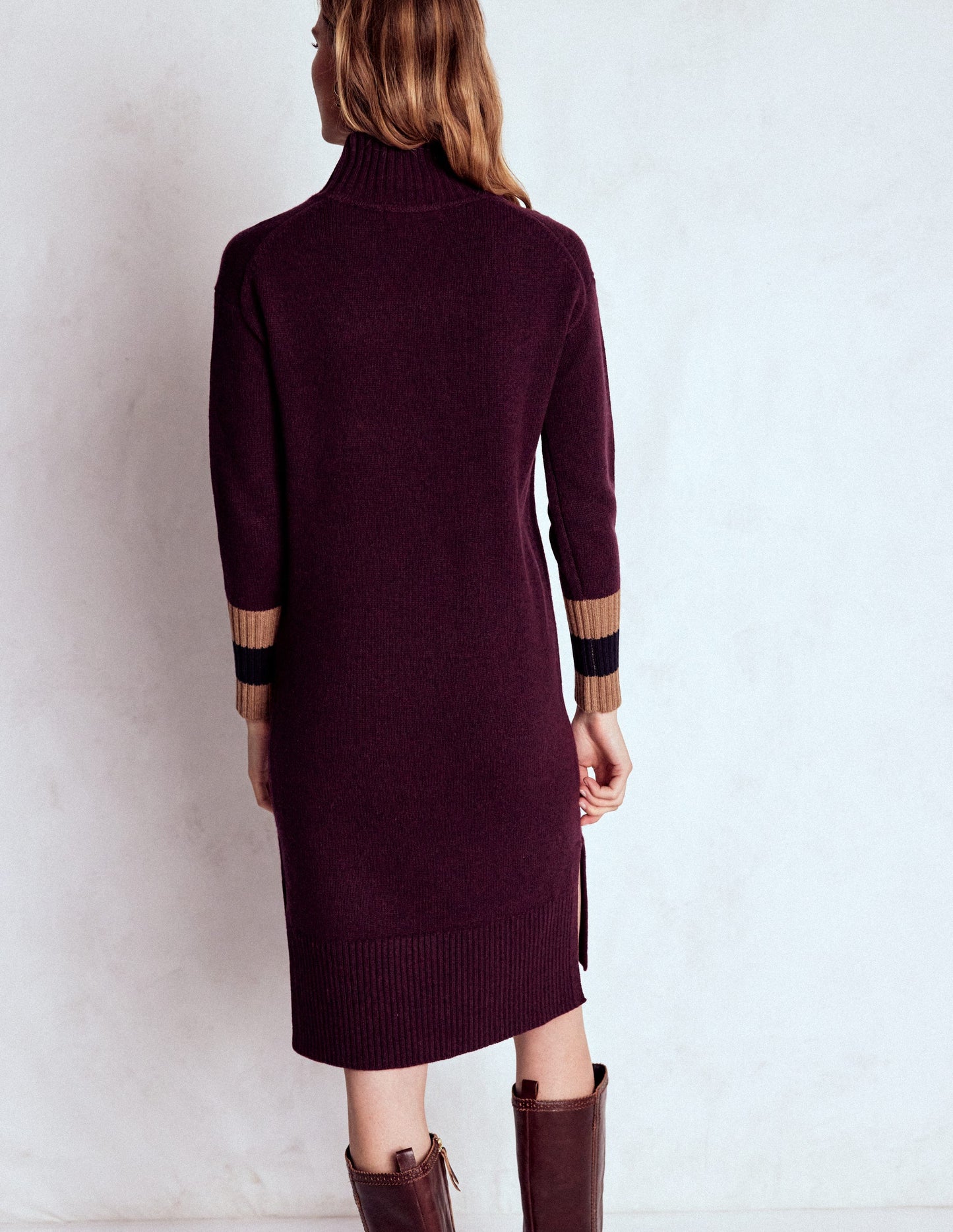 Merino Knitted Dress-Dark Cherry, Brown Stripe