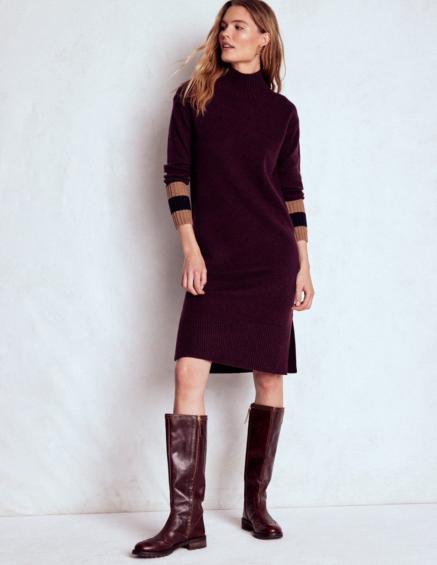 Merino Knitted Dress-Dark Cherry, Brown Stripe