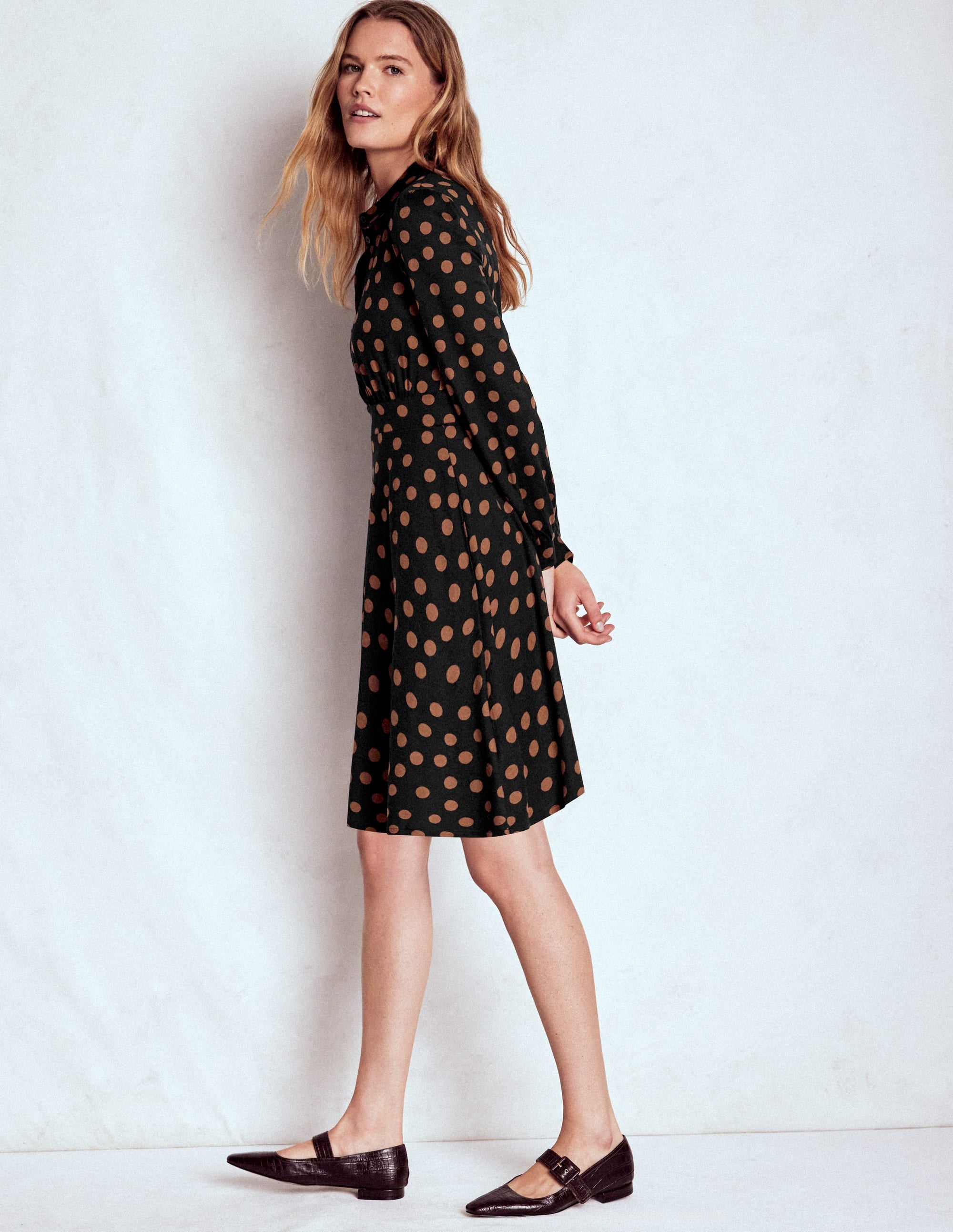 Orla Short Jersey Shirt Dress-Russet, Painted Dot - Image 4