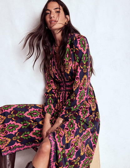 Natalia Long Sleeve Tea Dress-French Navy, Ornate Charm-1