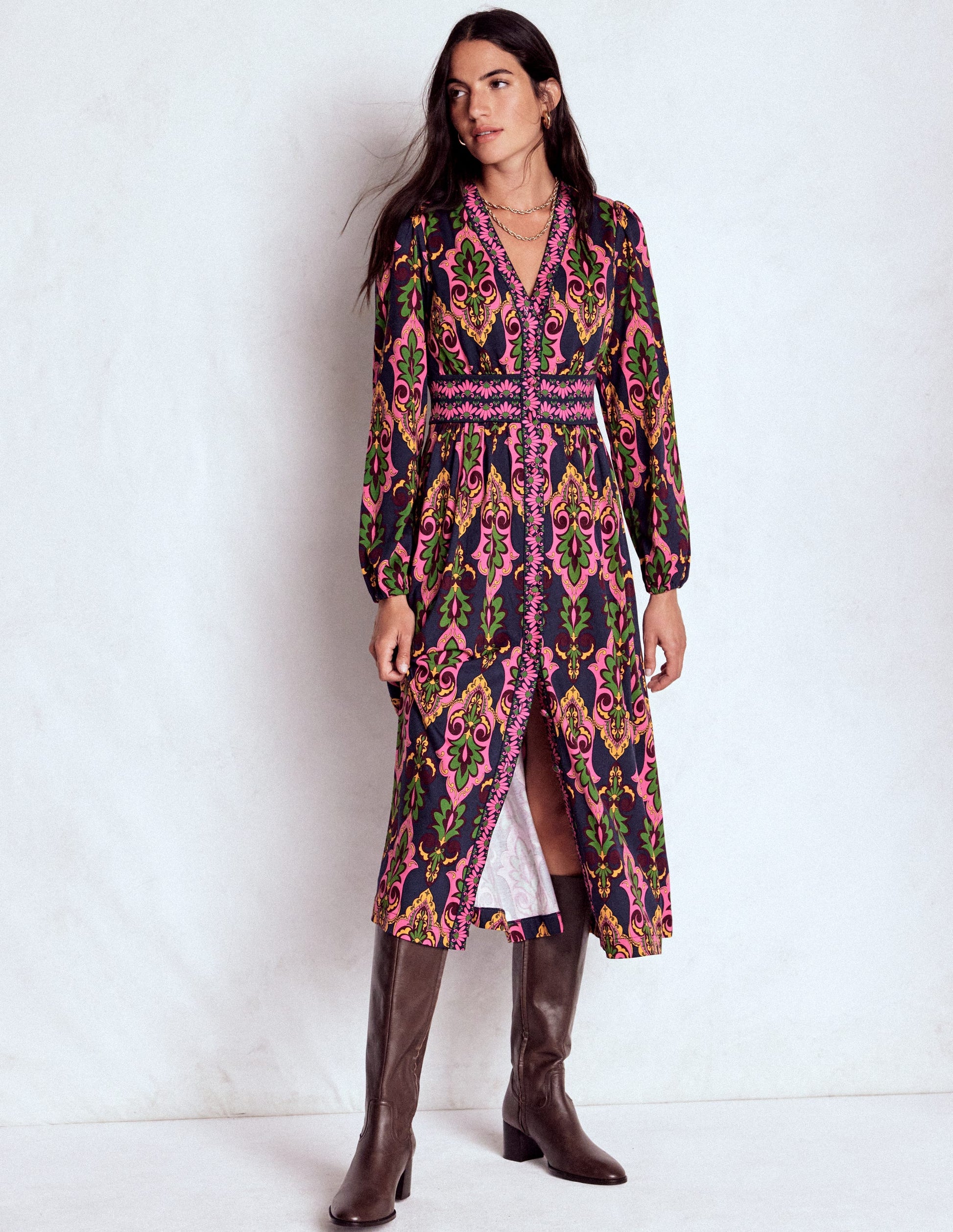 Natalia Long Sleeve Tea Dress-French Navy, Ornate Charm-4