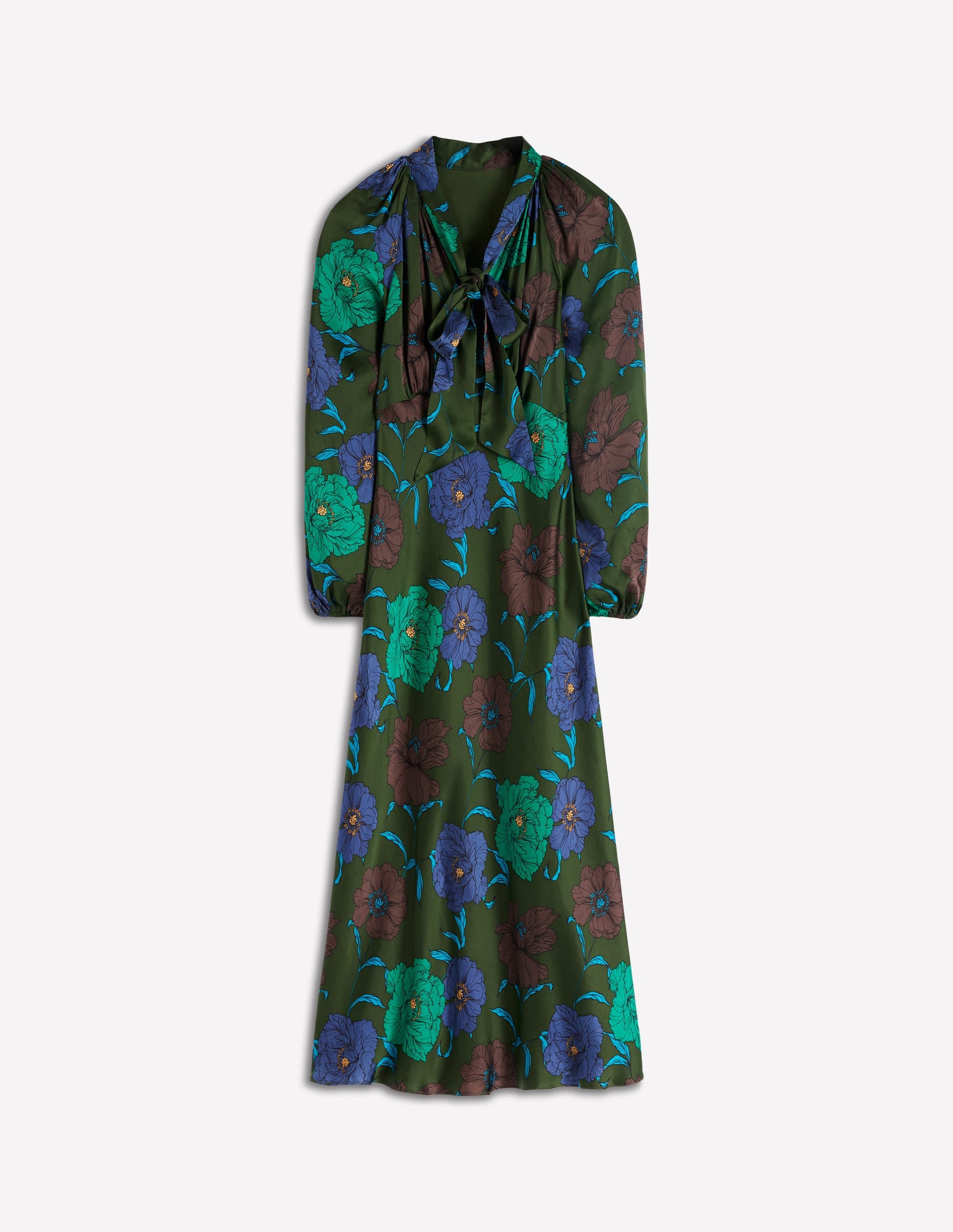 Tie Neck Satin Midi Dress-Green Fir, Peony Bloom | Boden UK Tie Neck Satin Midi Dress-Green Fir, Peony Bloom | Boden UK