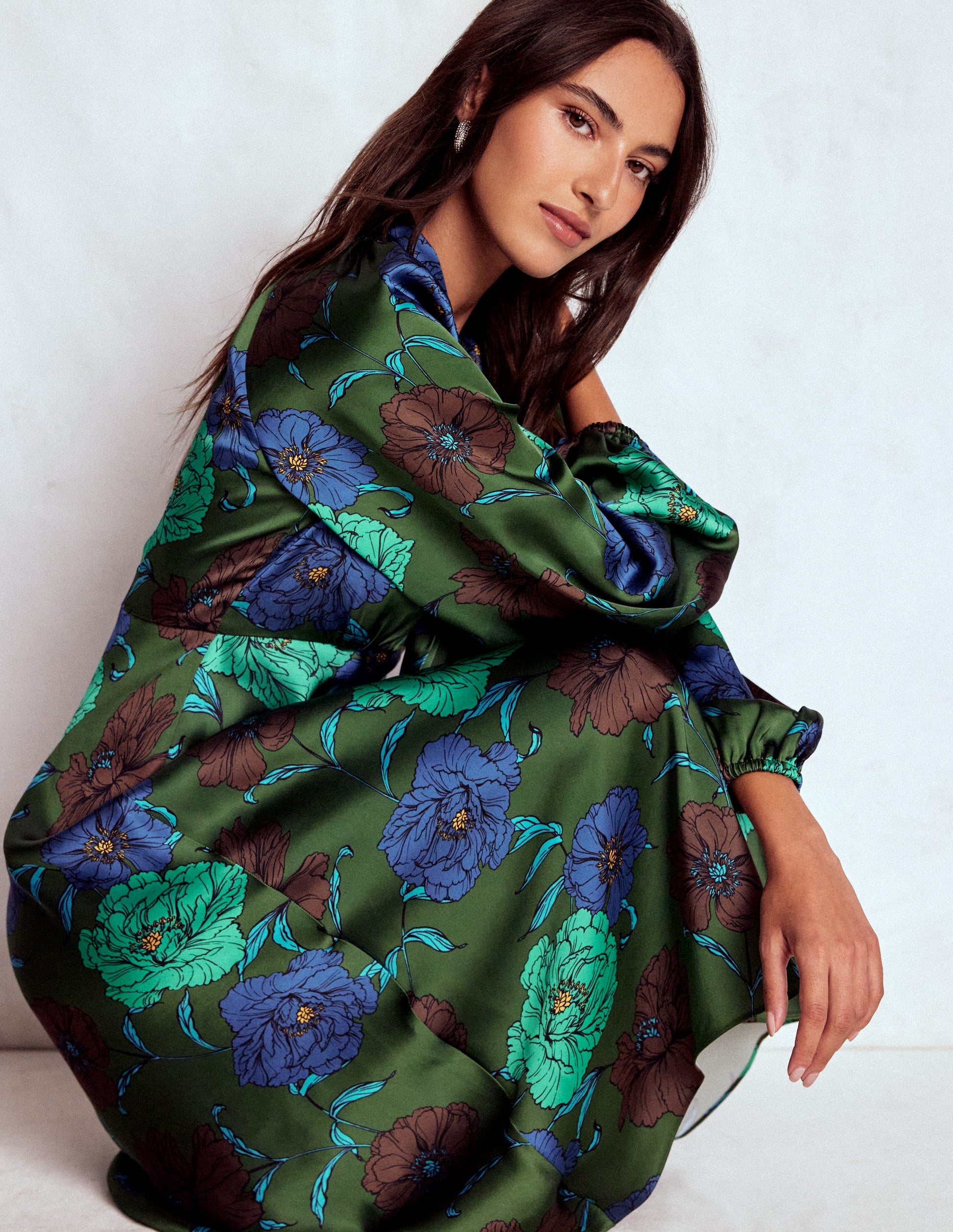 Tie Neck Satin Midi Dress-Green Fir, Peony Bloom | Boden UK Tie Neck Satin Midi Dress-Green Fir, Peony Bloom | Boden UK