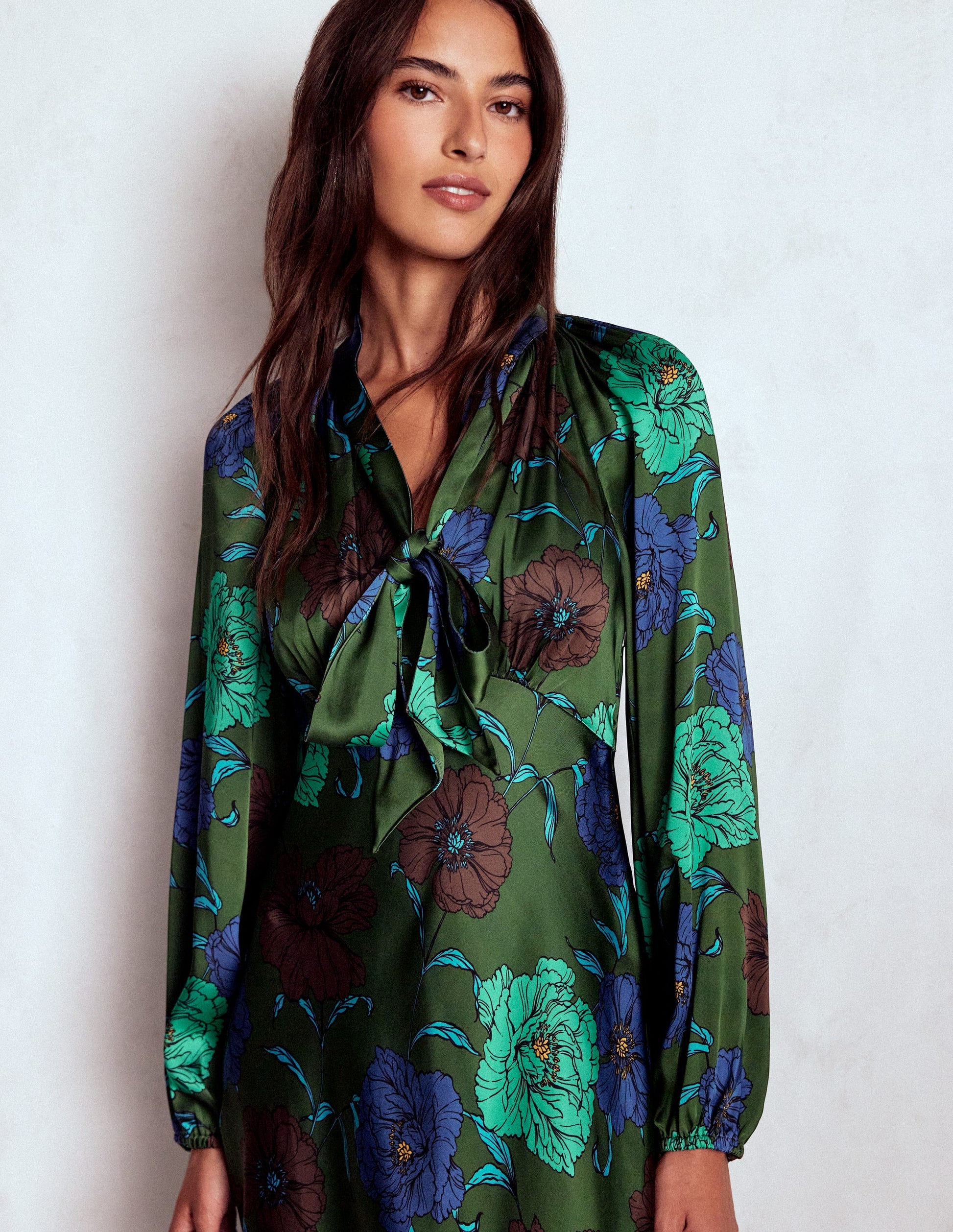 Tie Neck Satin Midi Dress-Green Fir, Peony Bloom | Boden UK Tie Neck Satin Midi Dress-Green Fir, Peony Bloom | Boden UK