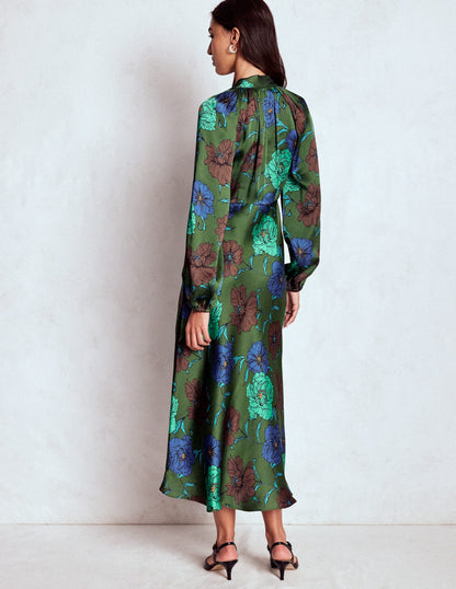Tie Neck Satin Midi Dress-Green Fir, Peony Bloom-3