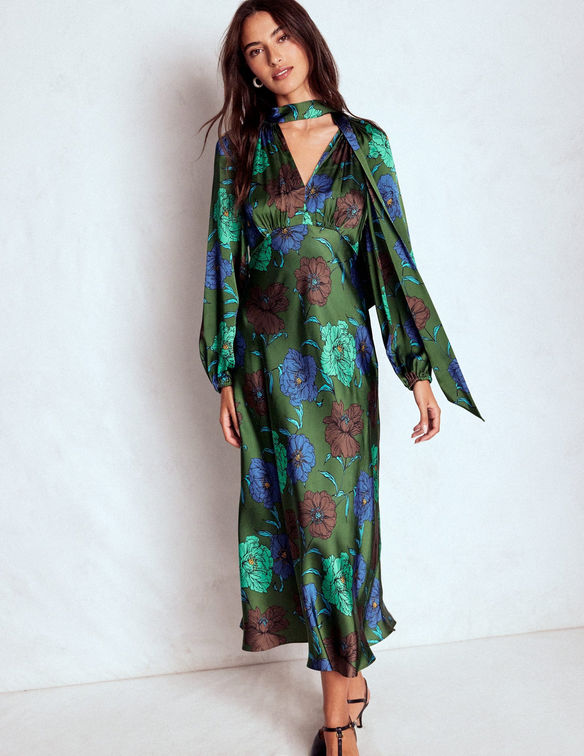 Tie Neck Satin Midi Dress-Green Fir, Peony Bloom-4