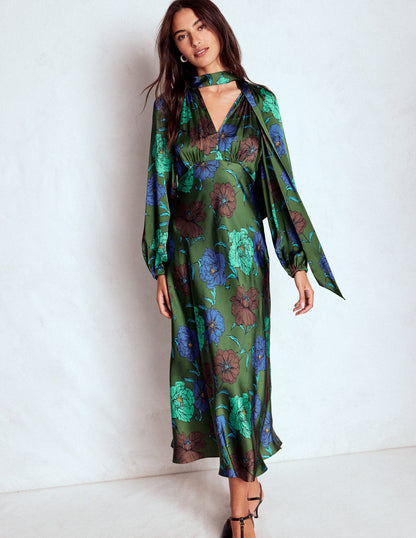 Tie Neck Satin Midi Dress-Green Fir, Peony Bloom-4