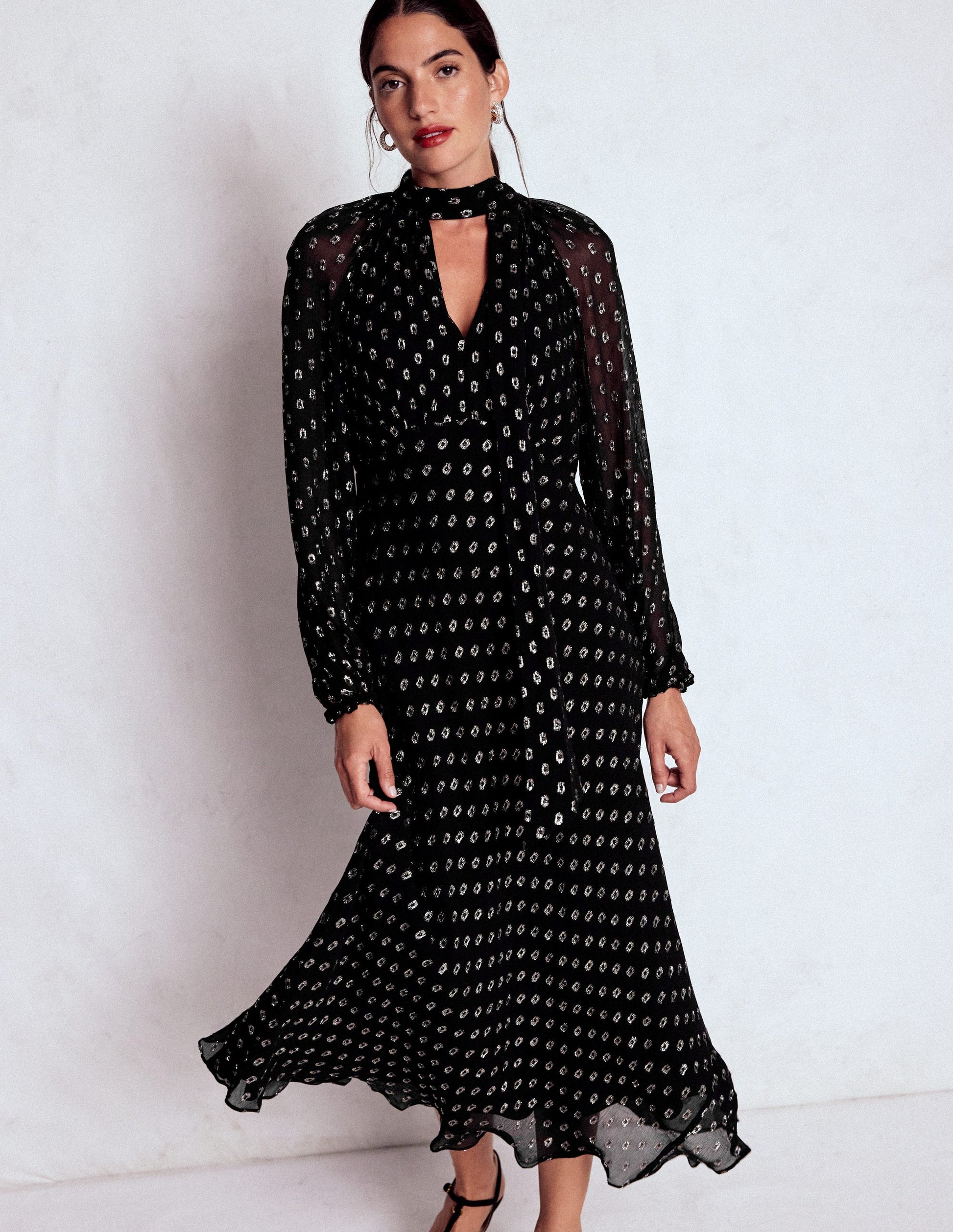 dress that ties at neck Tie Neck Midi Dress-Black and Silver Clip