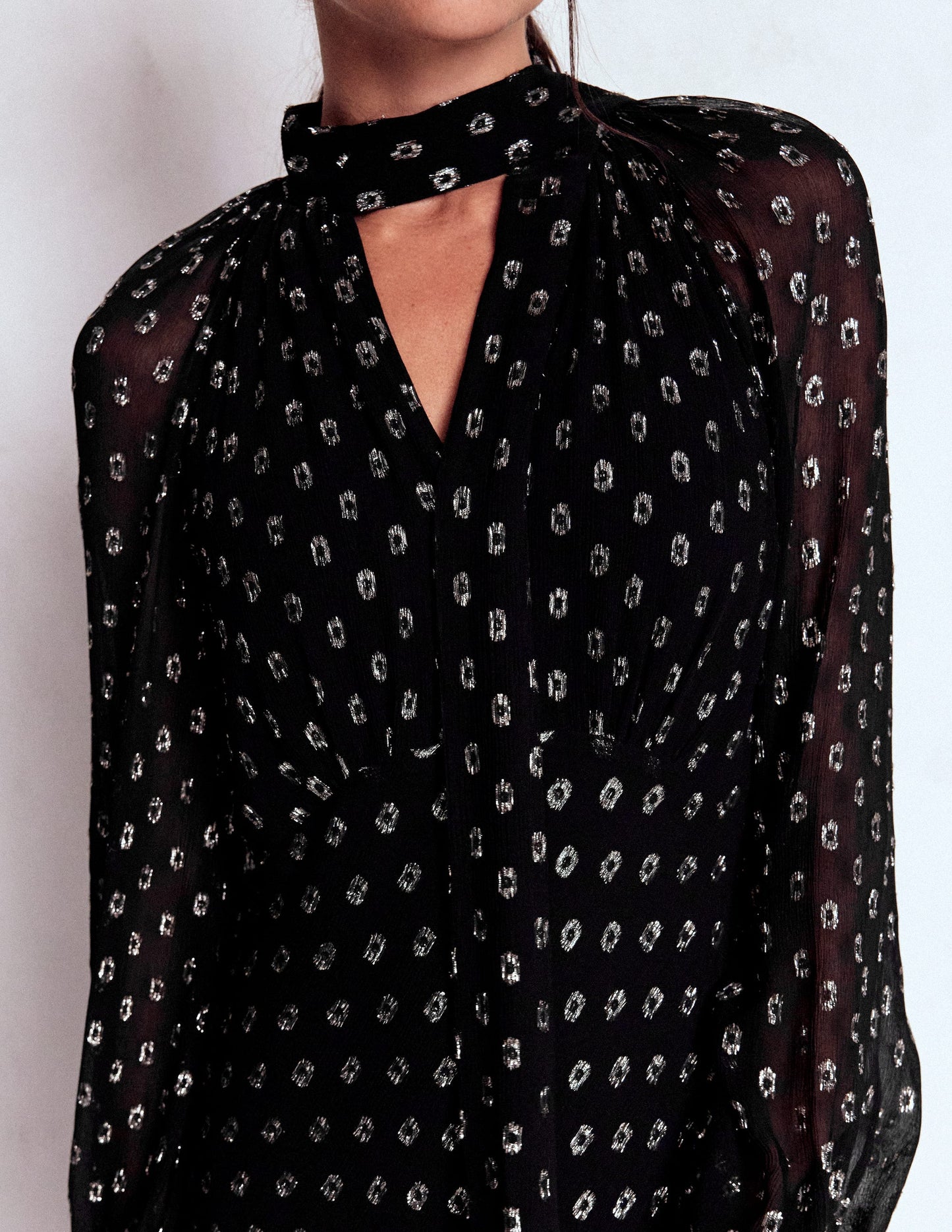 Tie Neck Midi Dress-Black and Silver Clip