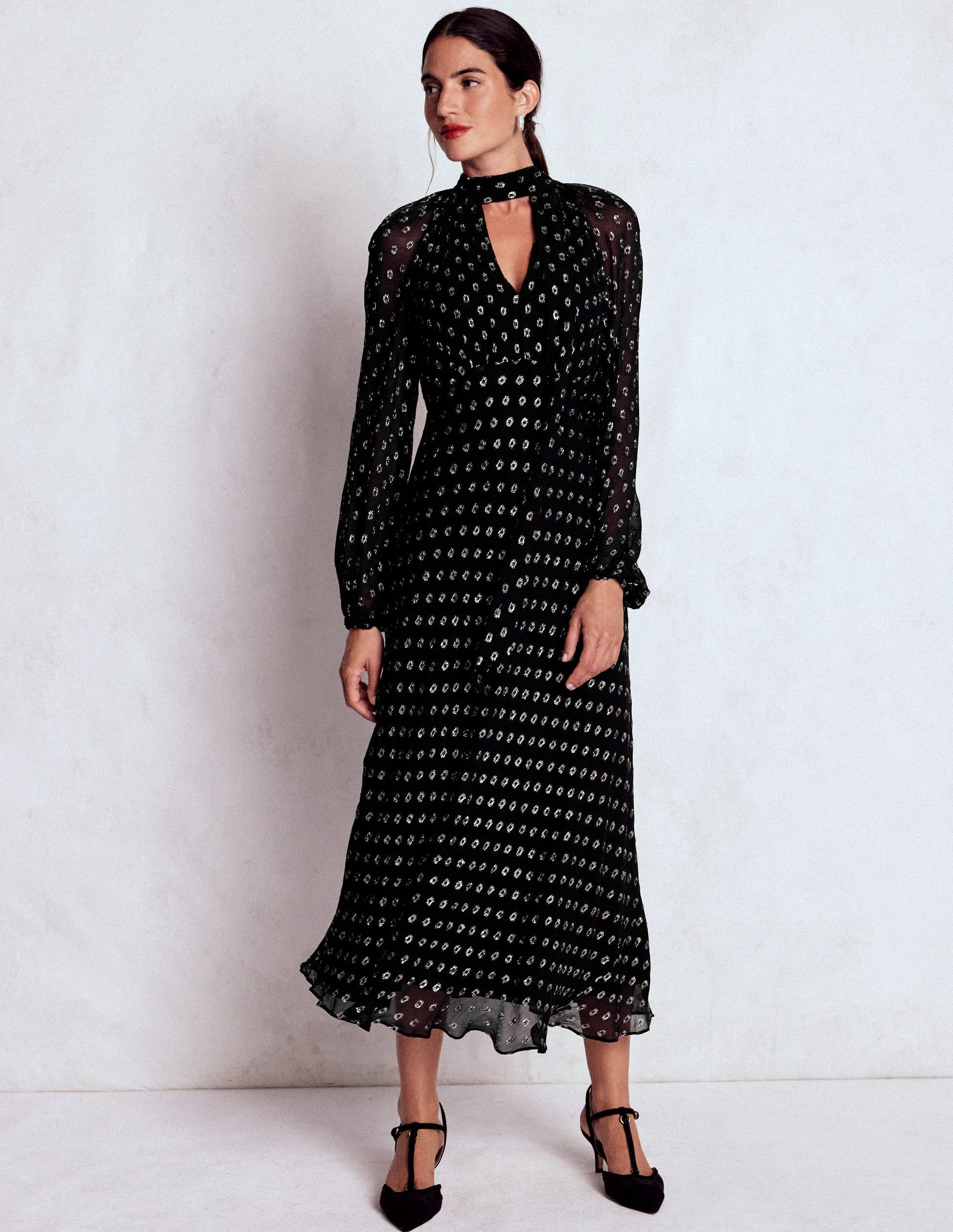 Tie Neck Midi Dress-Black and Silver Clip-4