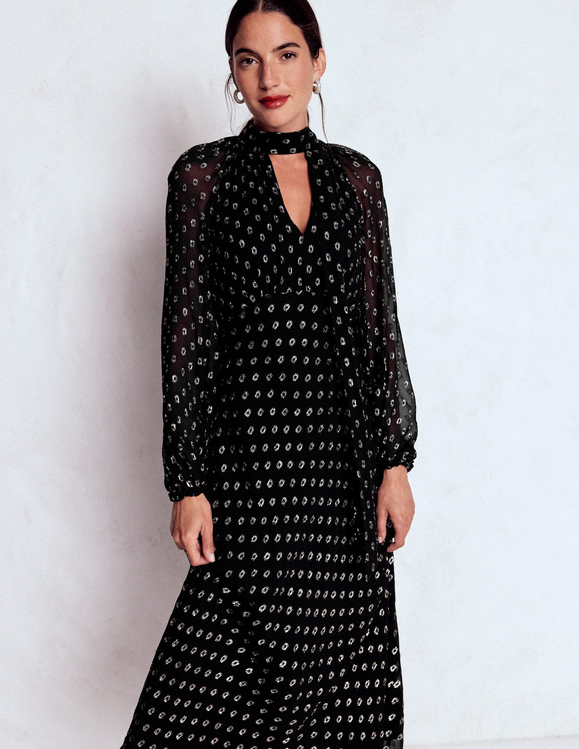 Tie Neck Midi Dress-Black and Silver Clip-5