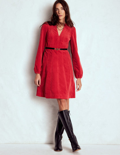 Ros Panelled Cord Short Dress-Crimson Red-1