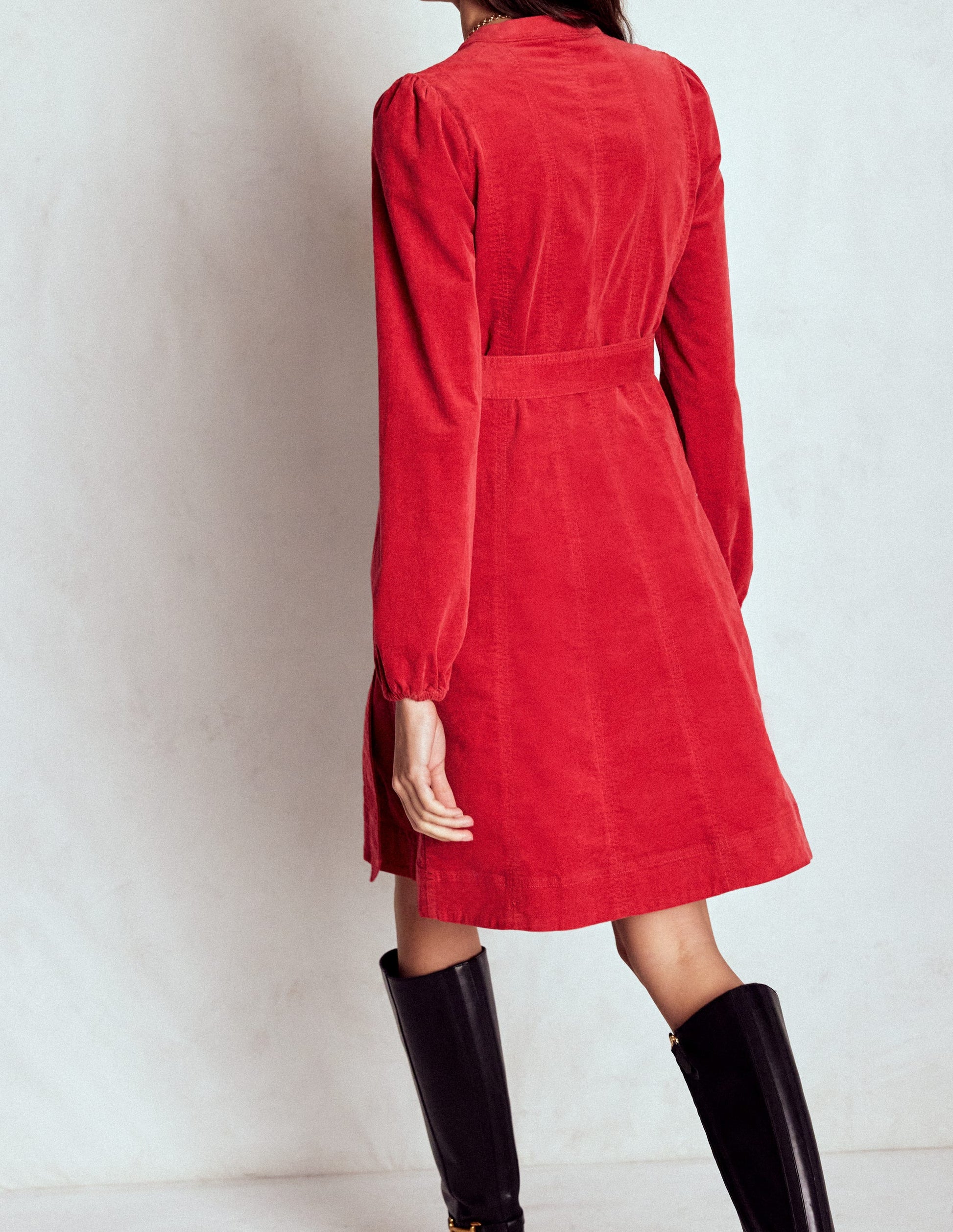 Ros Panelled Cord Short Dress-Crimson Red-3